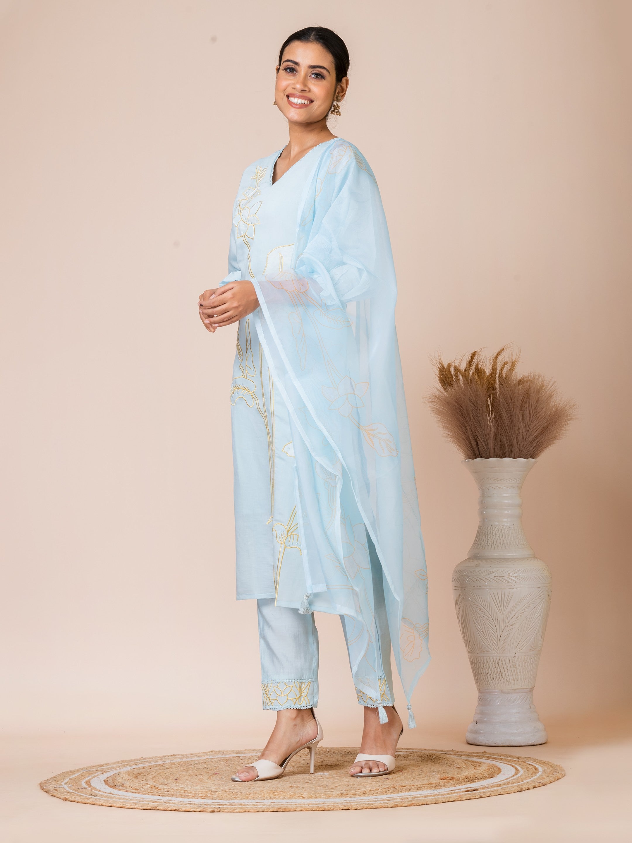 Sarso Serene Blue Embroidered Dola Silk Kurta Set with Organza Dupatta Sarso