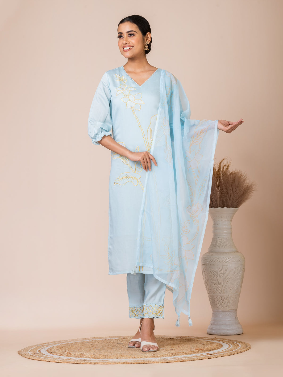 Sarso Serene Blue Embroidered Dola Silk Kurta Set with Organza Dupatta Sarso