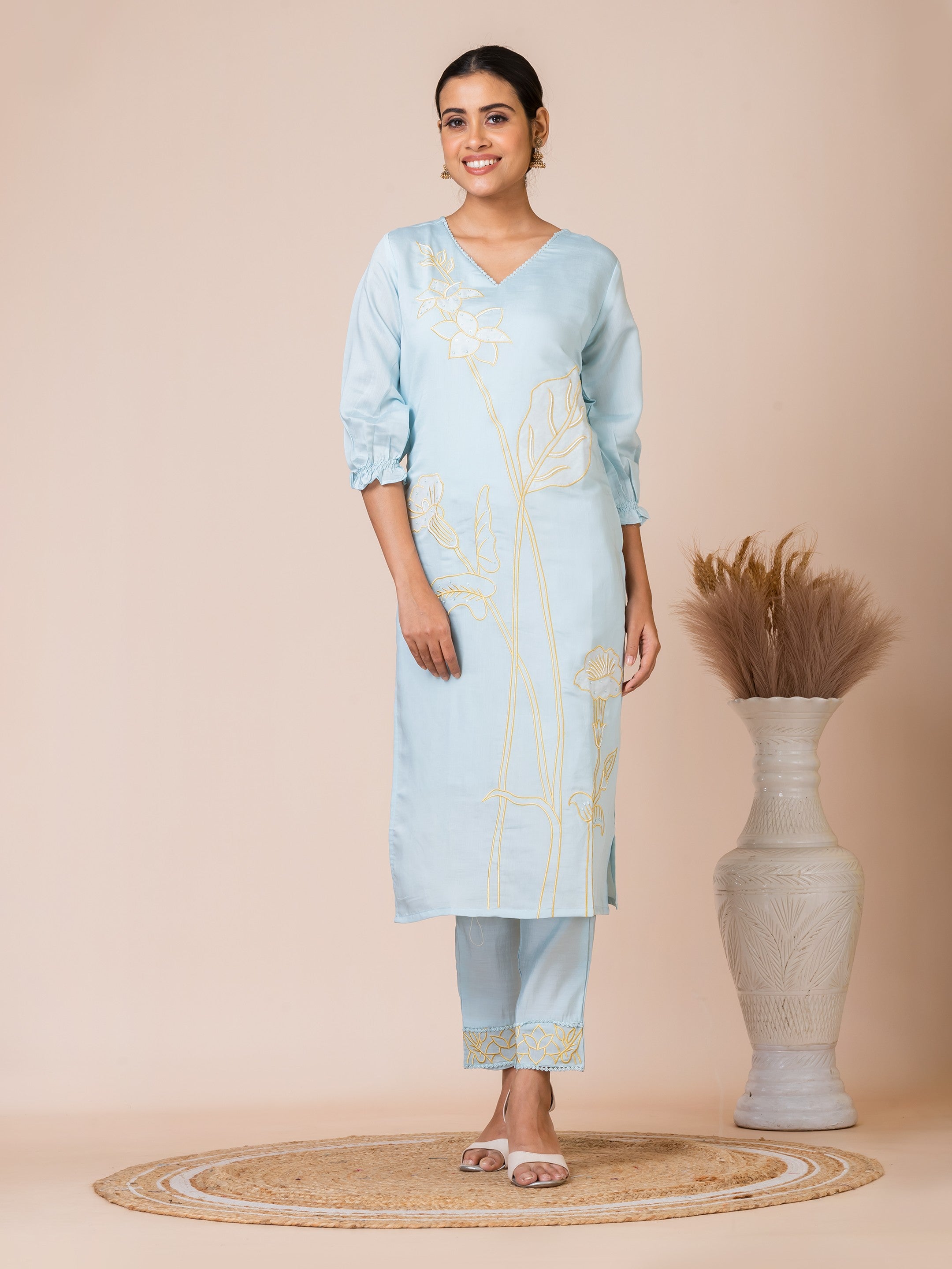 Sarso Serene Blue Embroidered Dola Silk Kurta Set with Organza Dupatta Sarso