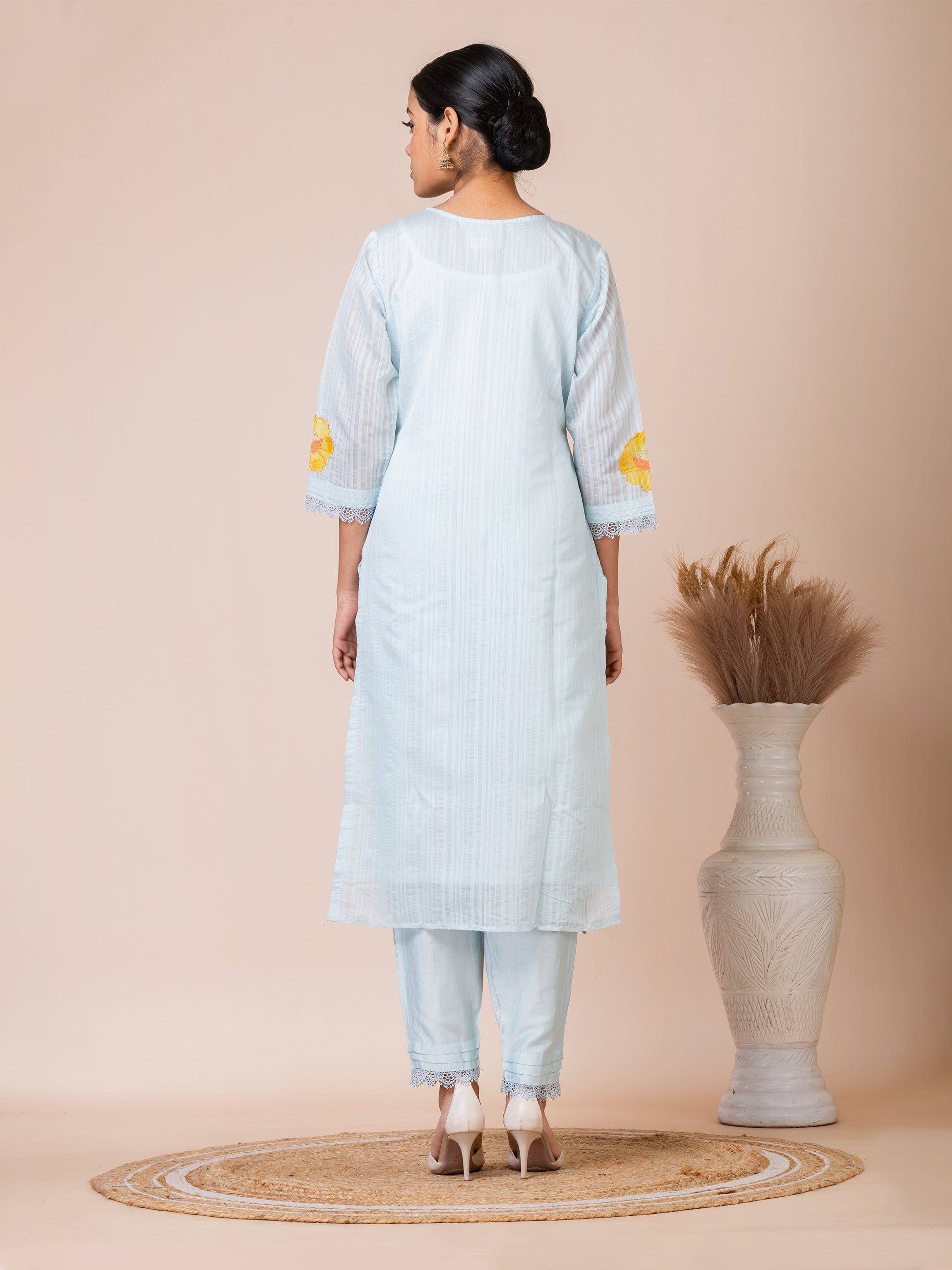 Sarso Light Blue Floral Appliqué Dola Silk Kurta Set with Organza Dupatta Sarso