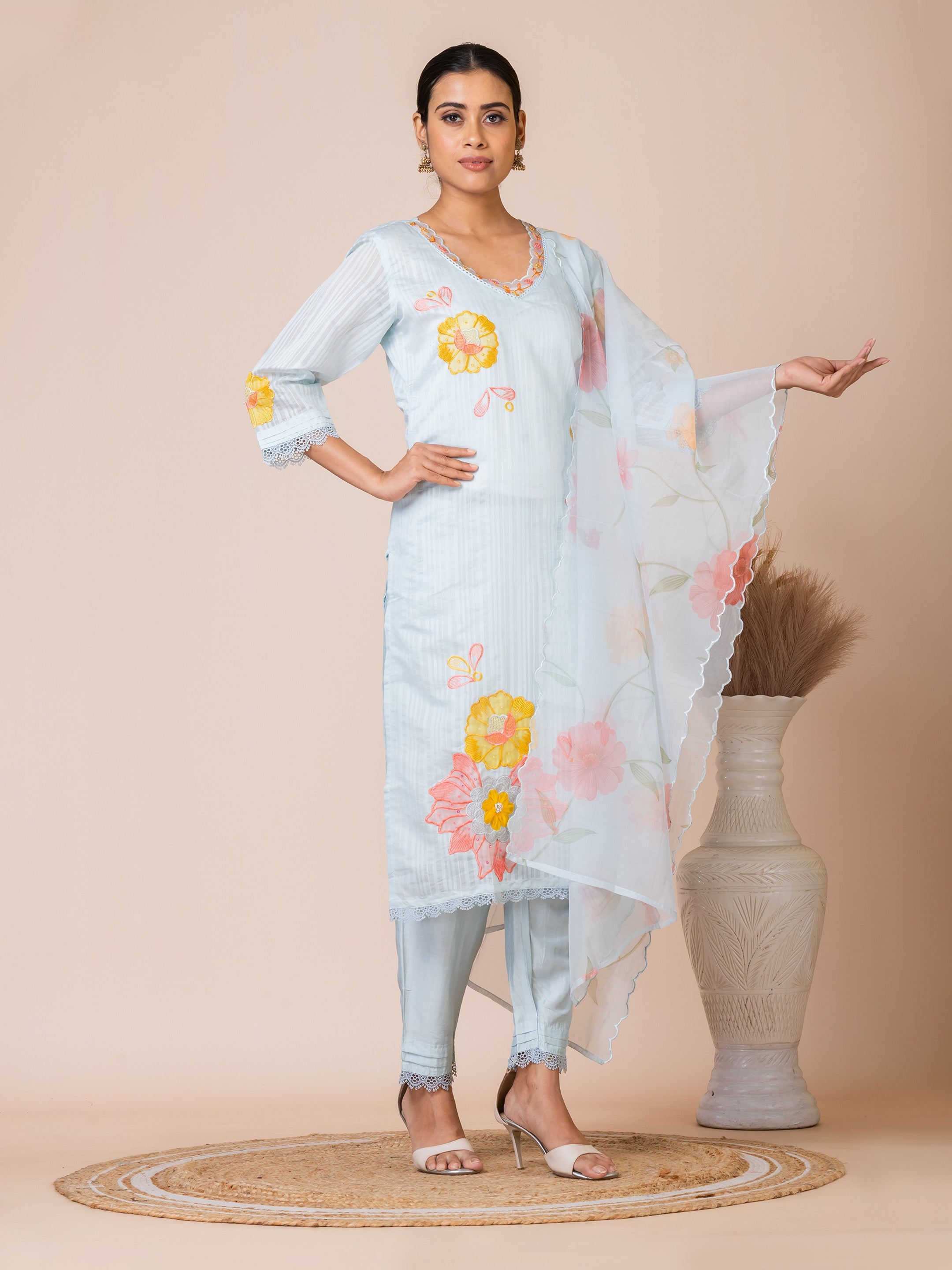 Sarso Light Blue Floral Appliqué Dola Silk Kurta Set with Organza Dupatta Sarso