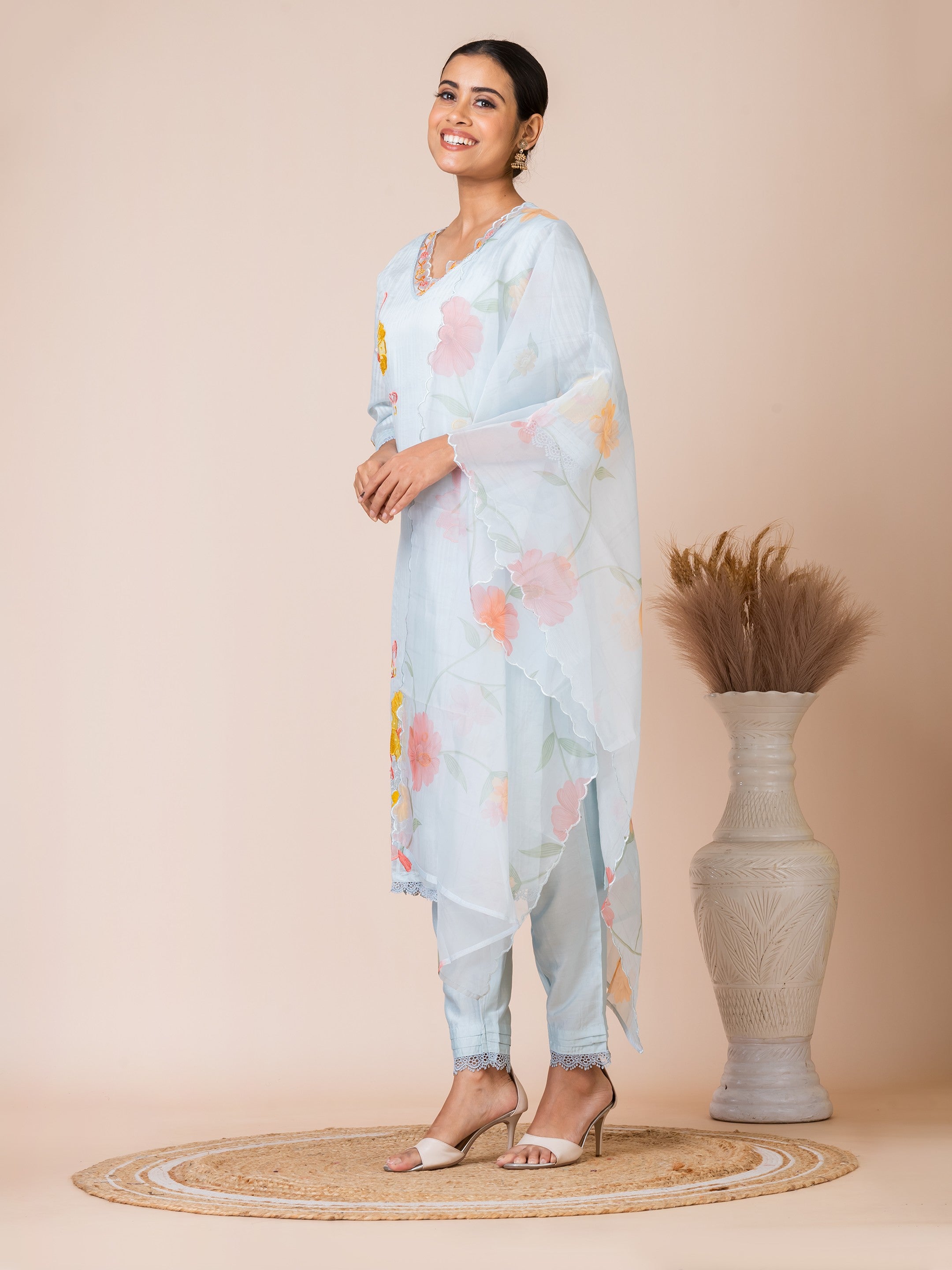 Sarso Light Blue Floral Appliqué Dola Silk Kurta Set with Organza Dupatta Sarso