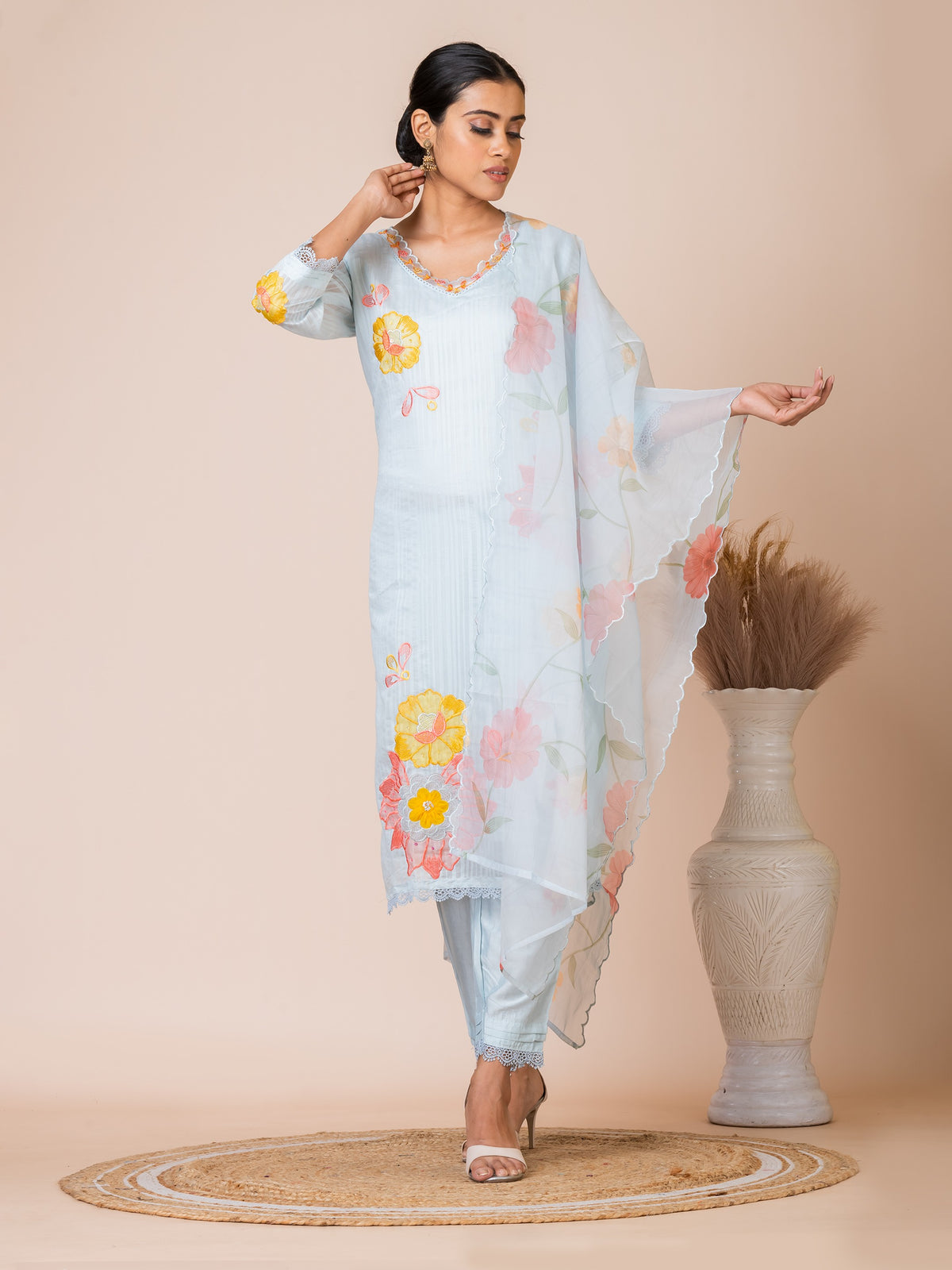 Sarso Light Blue Floral Appliqué Dola Silk Kurta Set with Organza Dupatta Sarso