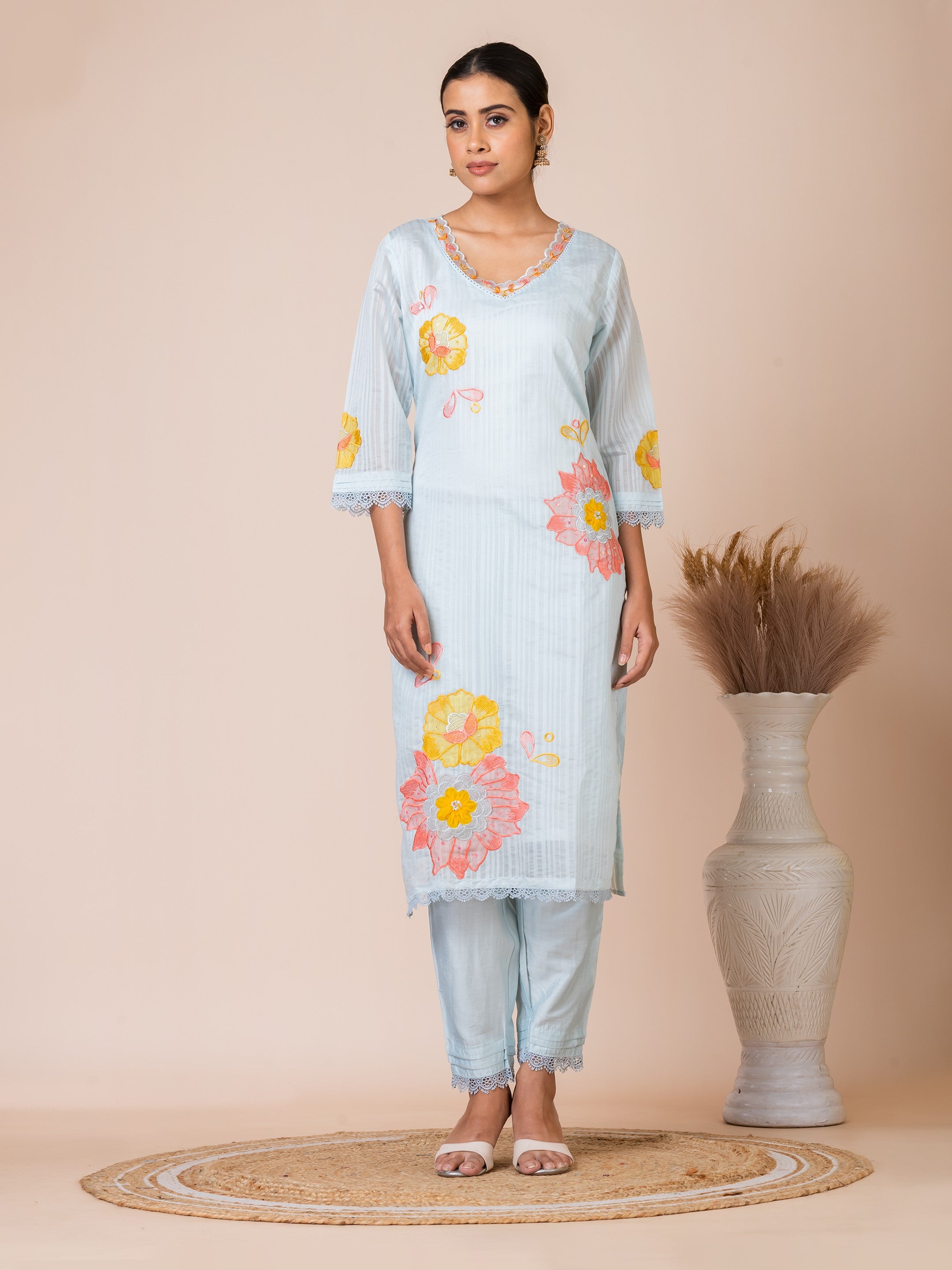 Sarso Light Blue Floral Appliqué Dola Silk Kurta Set with Organza Dupatta Sarso