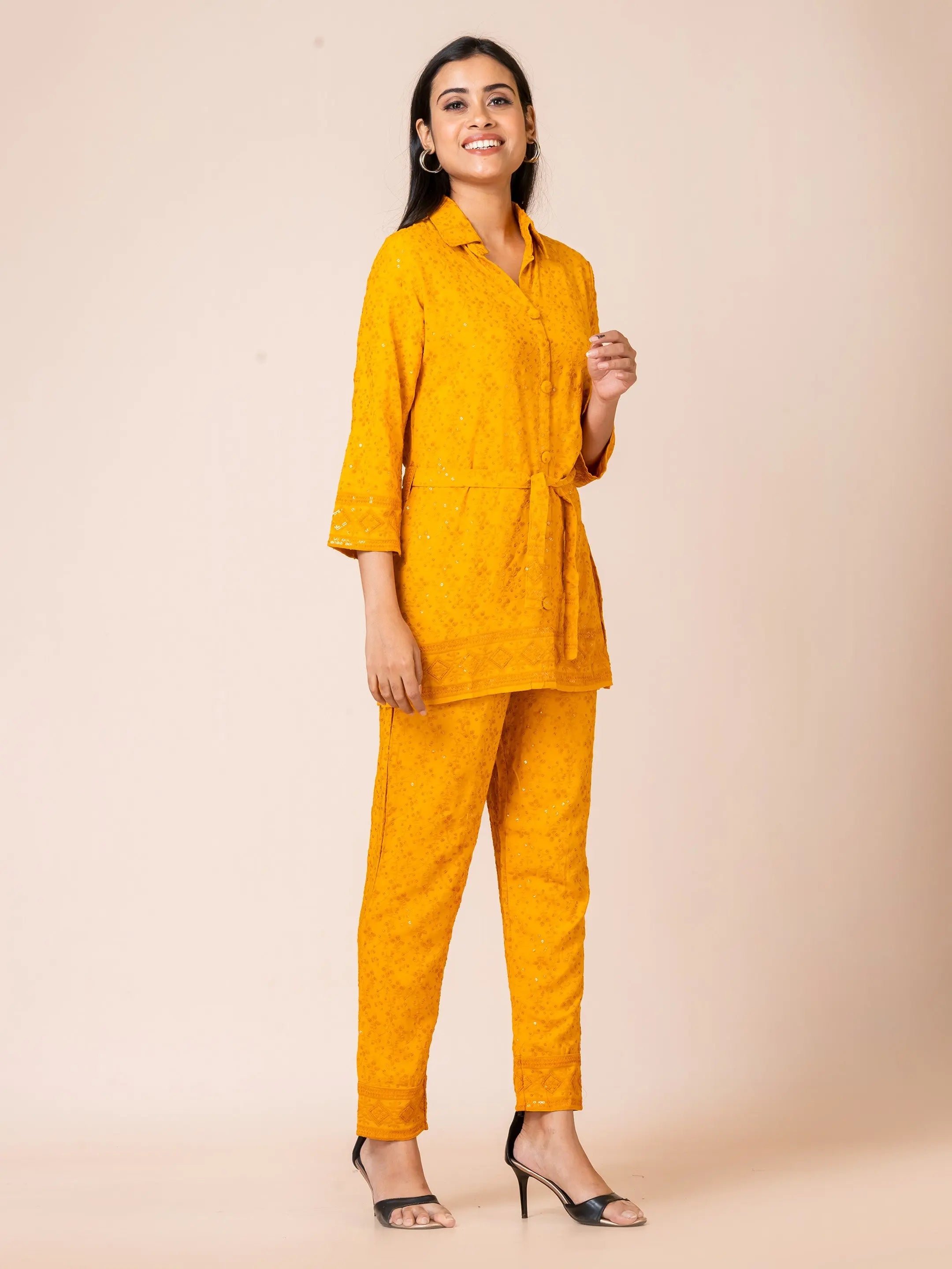 Sarso Vibrant Mustard Yellow Lucknowi Georgette Co-ord Set Sarso