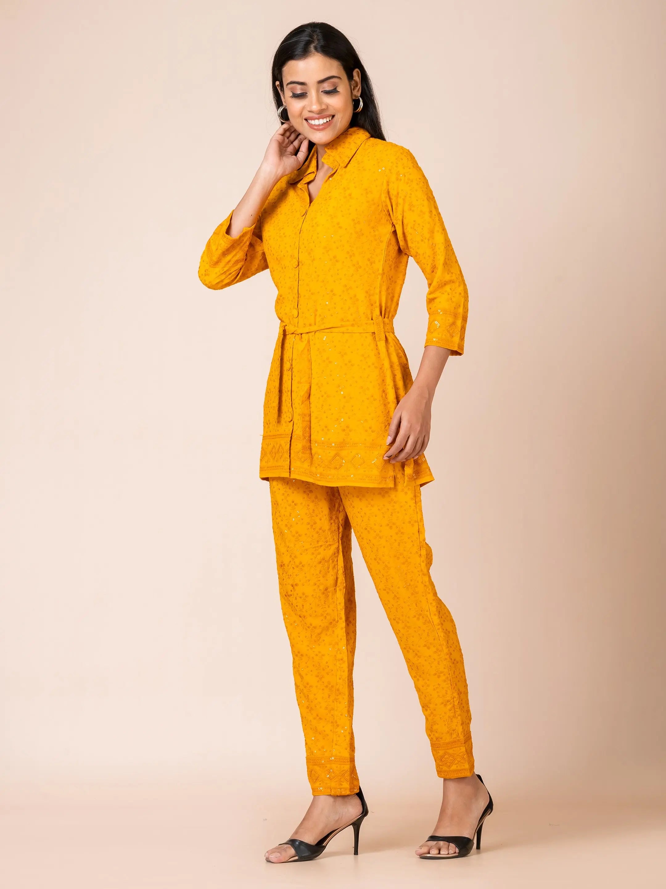 Sarso Vibrant Mustard Yellow Lucknowi Georgette Co-ord Set Sarso