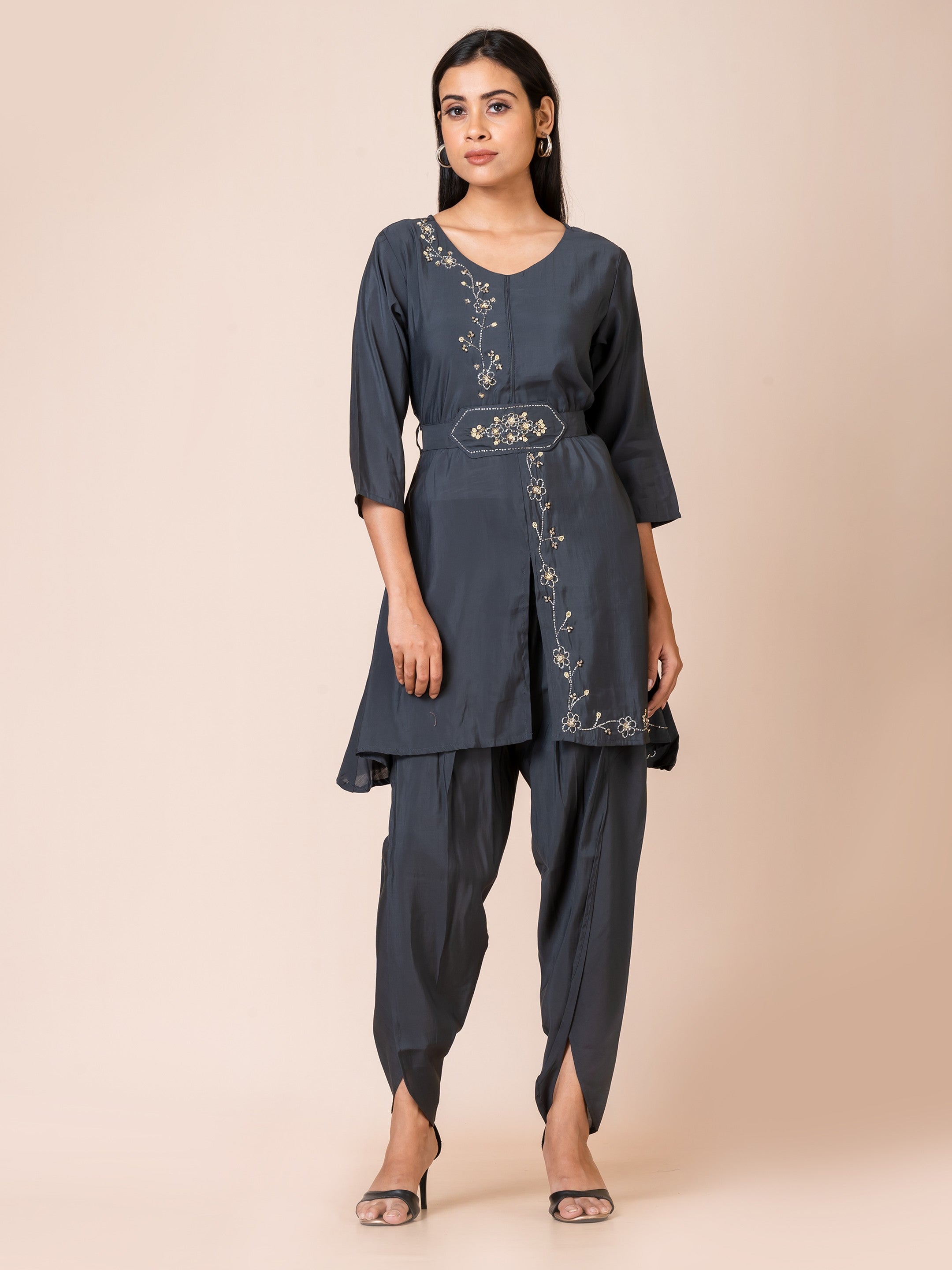 Sarso Charcoal Grey Muslin Indo-Western Set with Embroidery Sarso