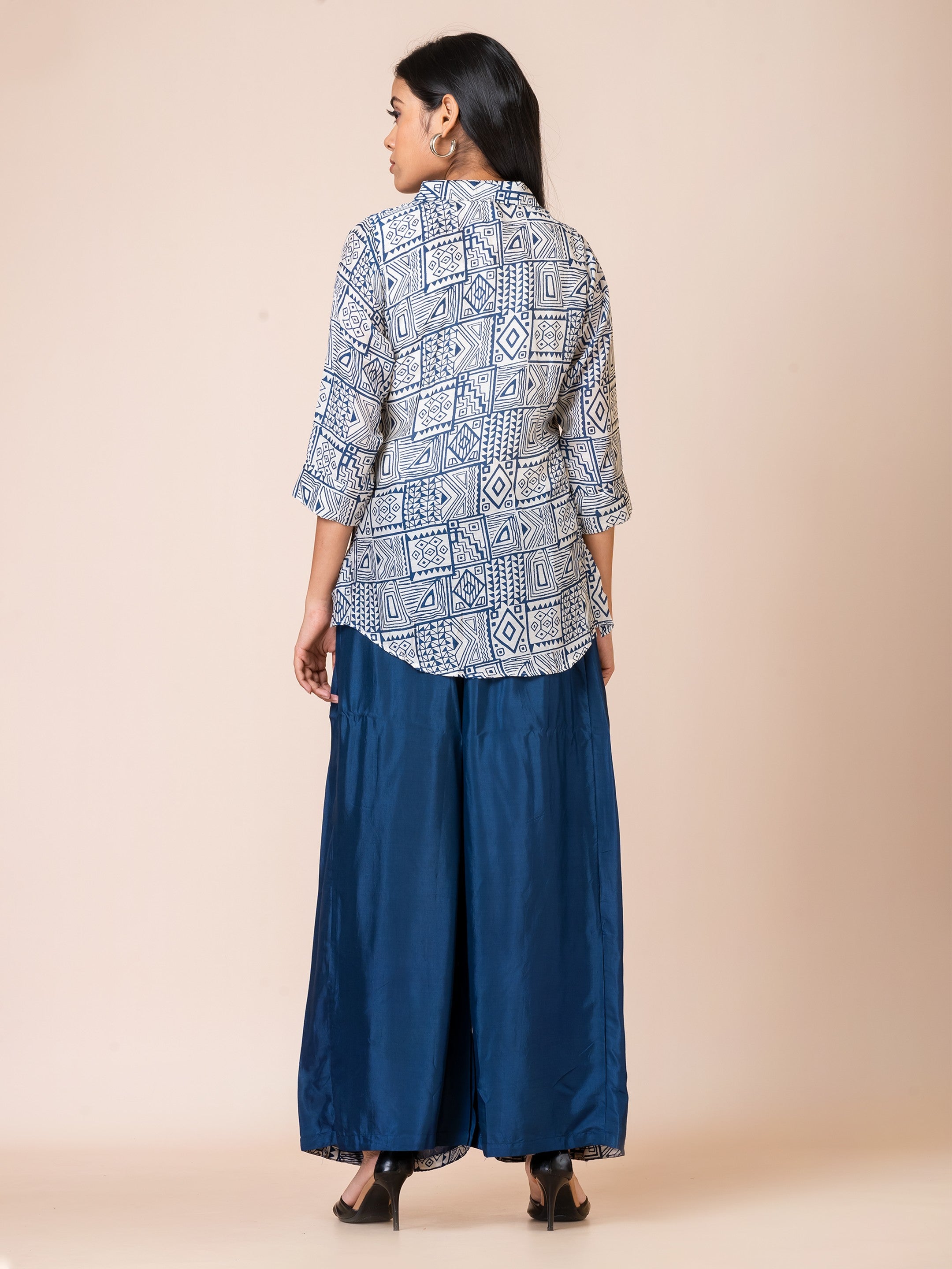 Sarso Geometric Navy and White Printed Muslin Co-ord Set Sarso