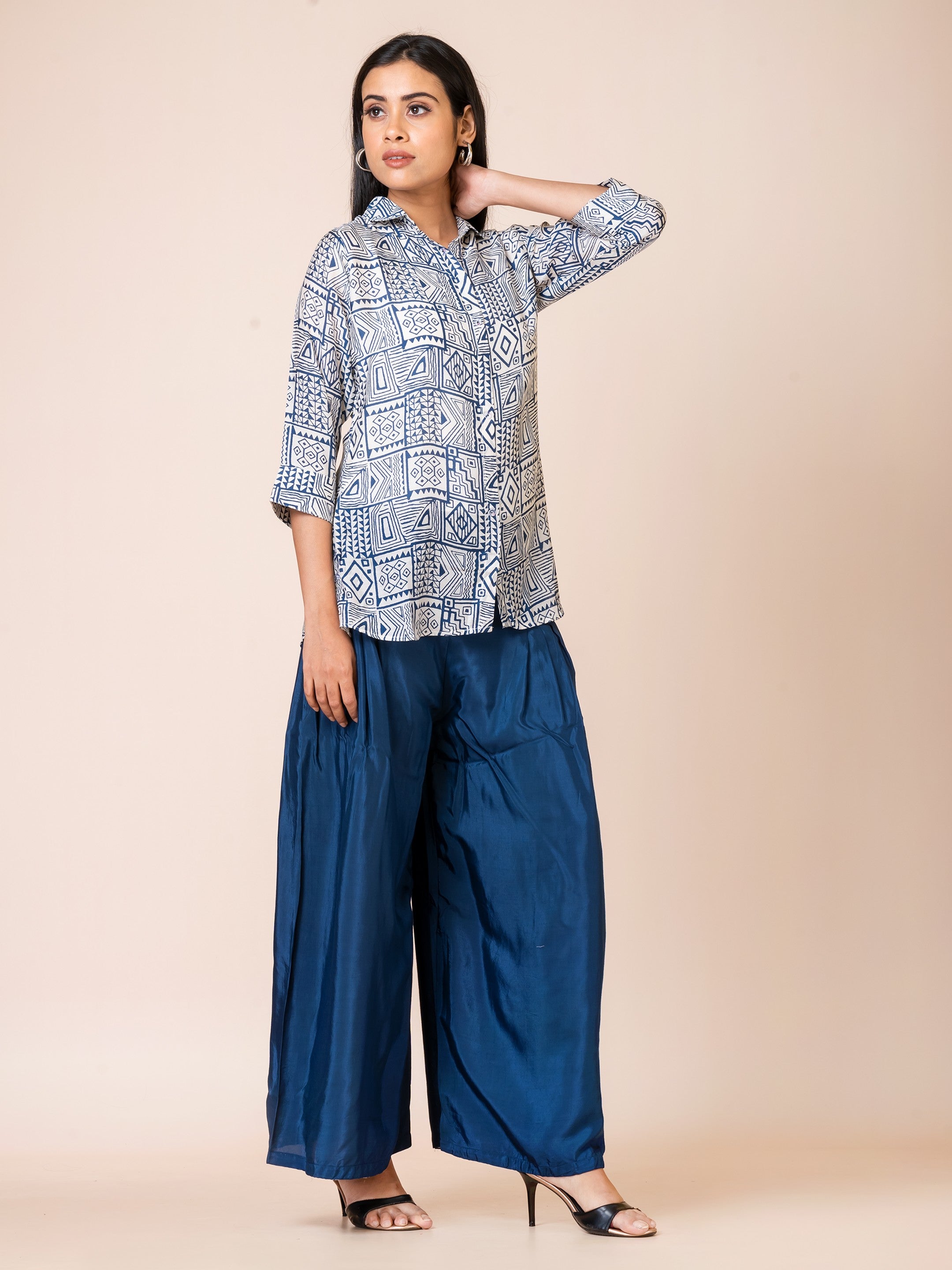 Sarso Geometric Navy and White Printed Muslin Co-ord Set Sarso