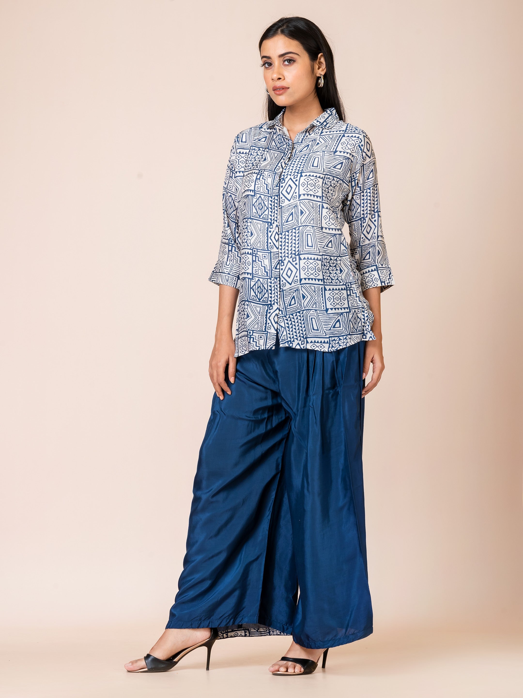 Sarso Geometric Navy and White Printed Muslin Co-ord Set Sarso