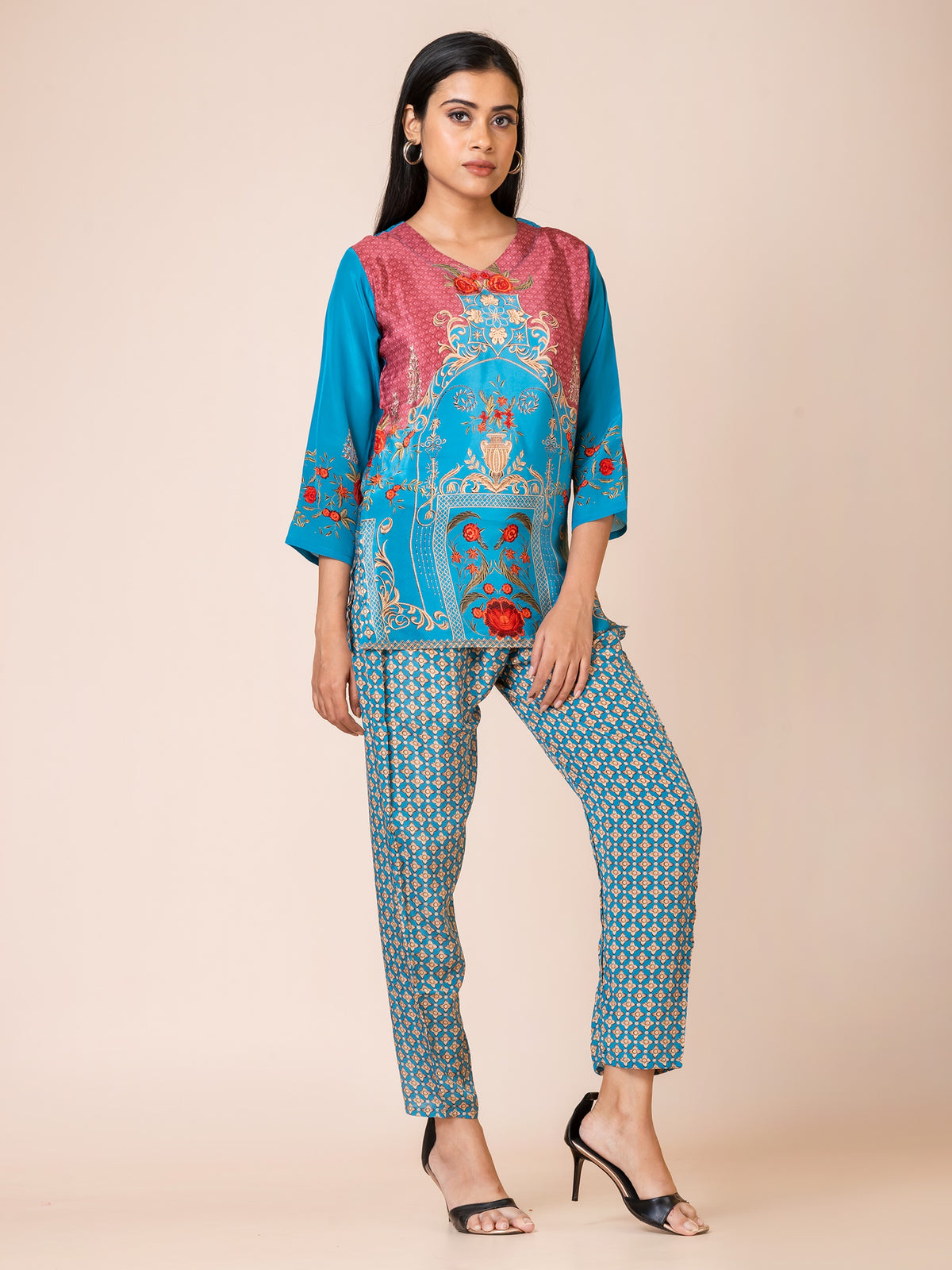 Sarso Exotic Print Natural Crepe Co-ord Set Sarso
