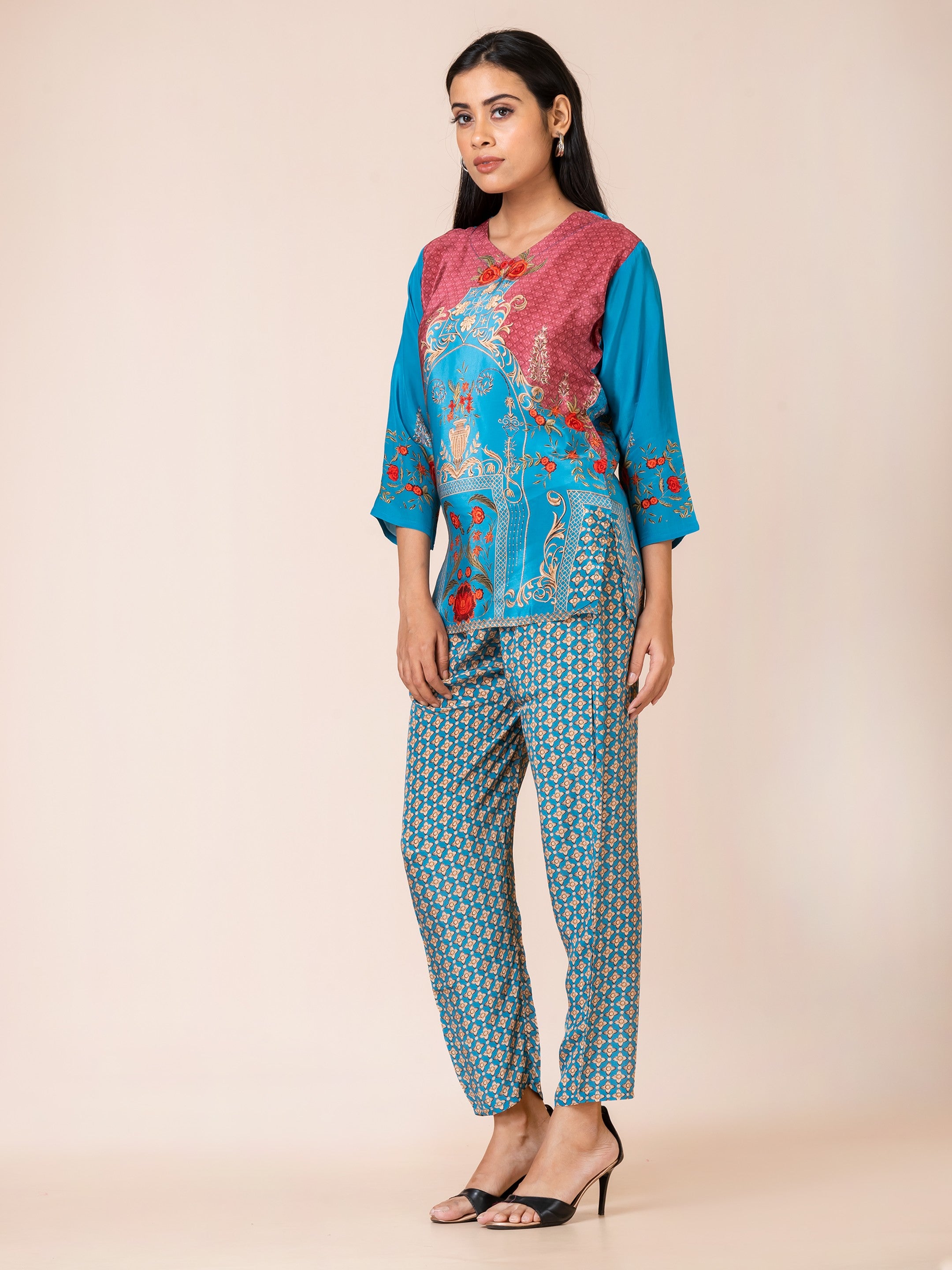 Sarso Exotic Print Natural Crepe Co-ord Set Sarso