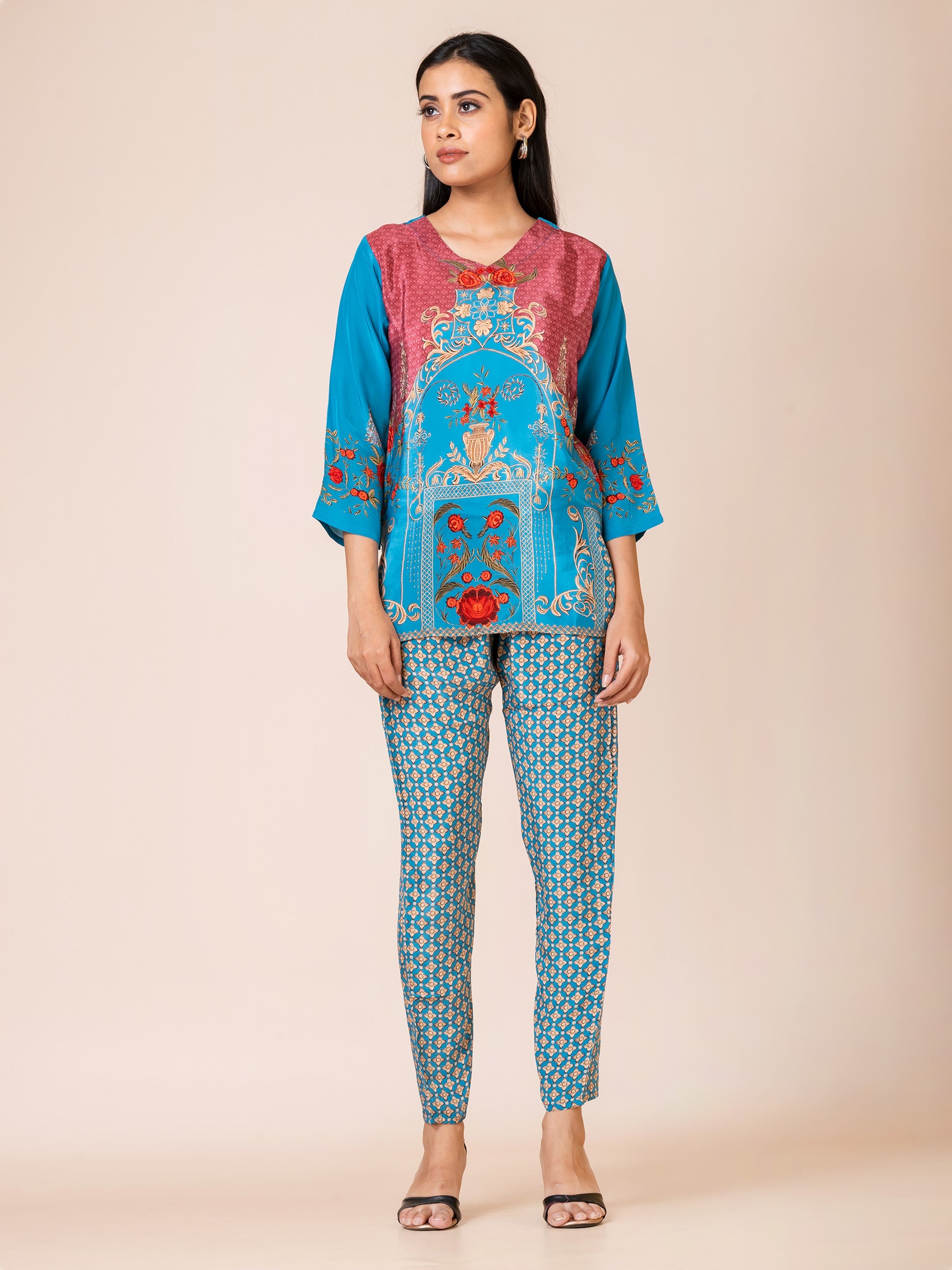 Sarso Exotic Print Natural Crepe Co-ord Set Sarso