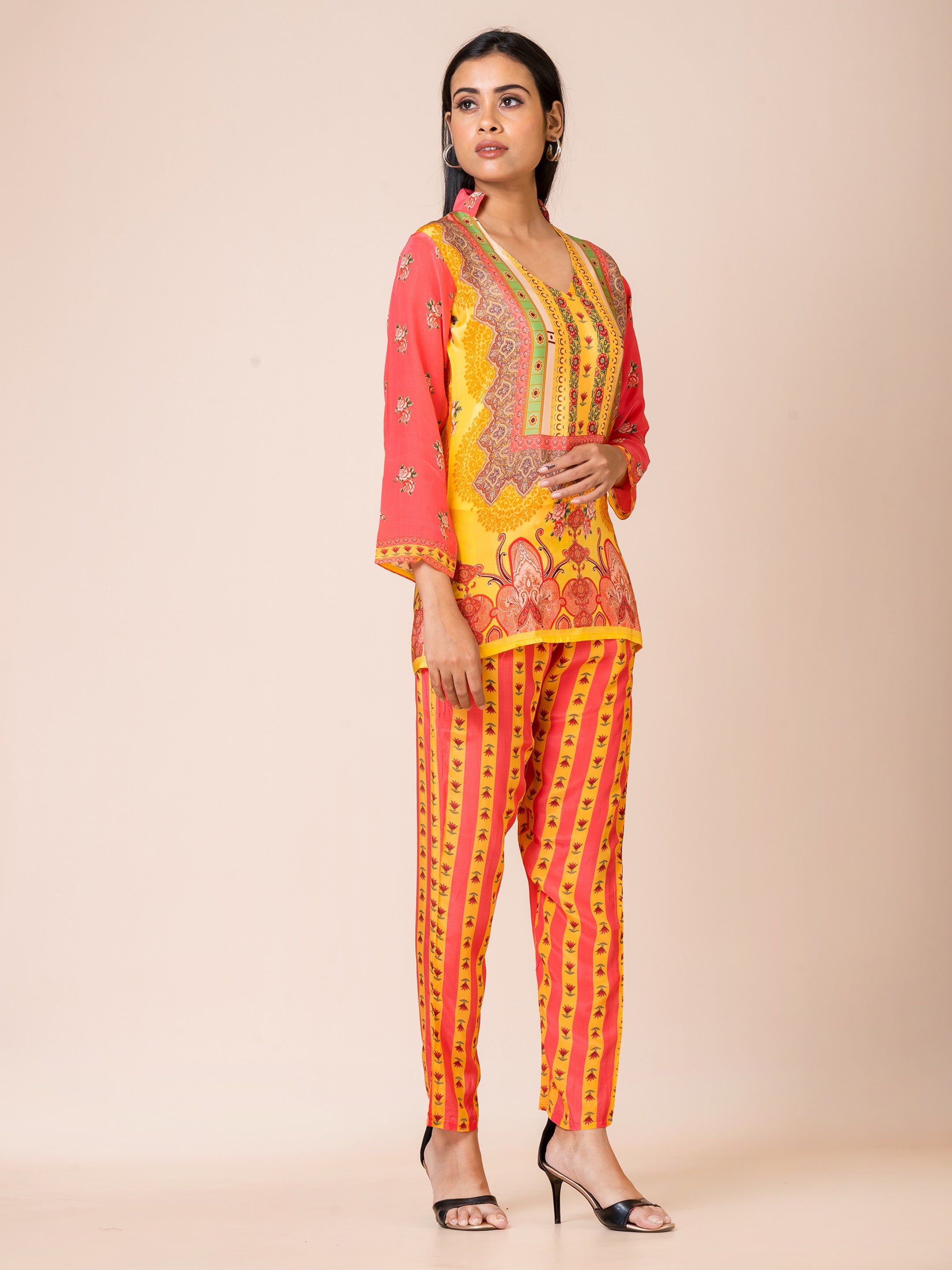 Sarso Vivid Orange Pakistani Printed Natural Crepe Co-ord Set Sarso