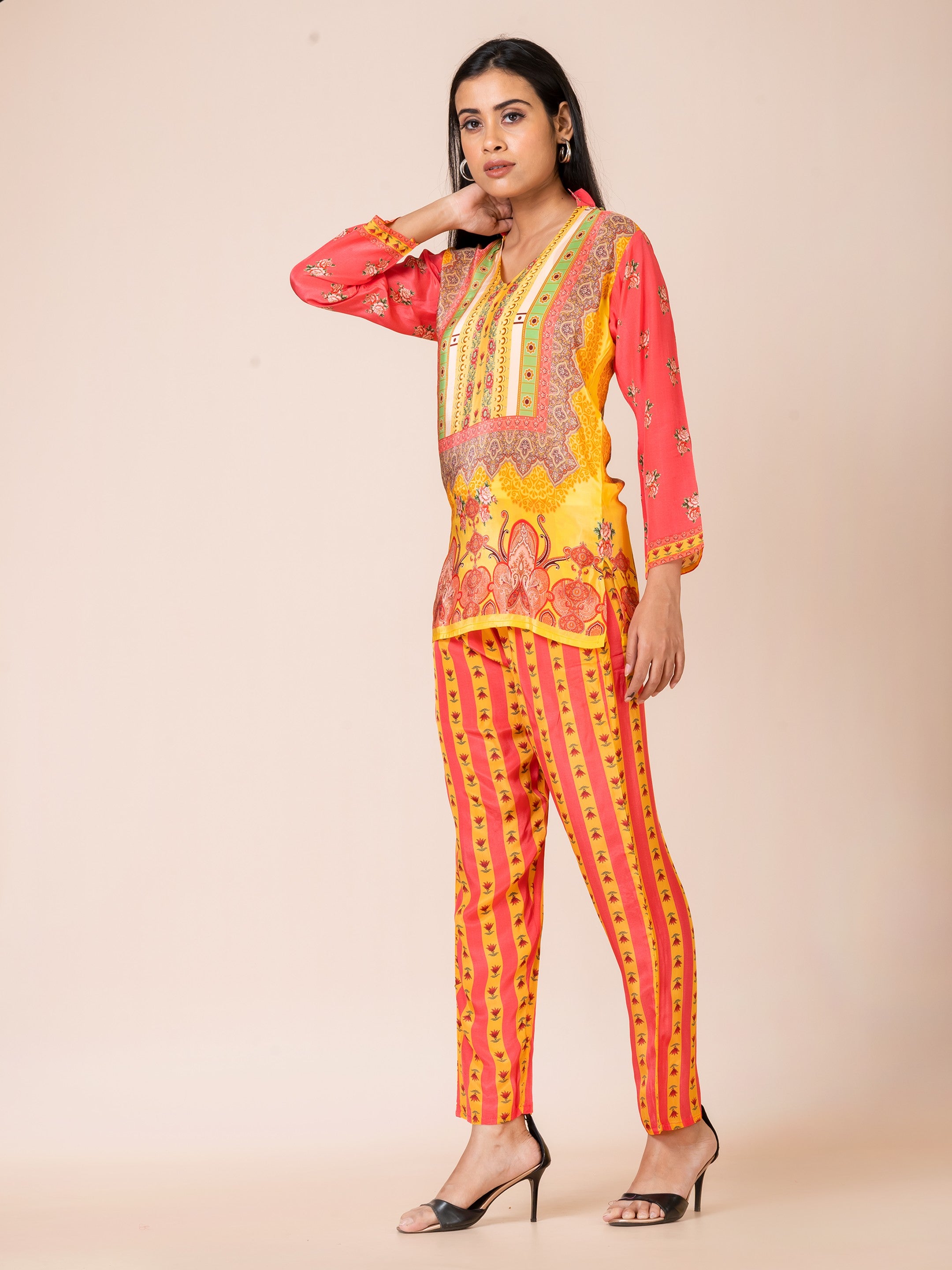 Sarso Vivid Orange Pakistani Printed Natural Crepe Co-ord Set Sarso