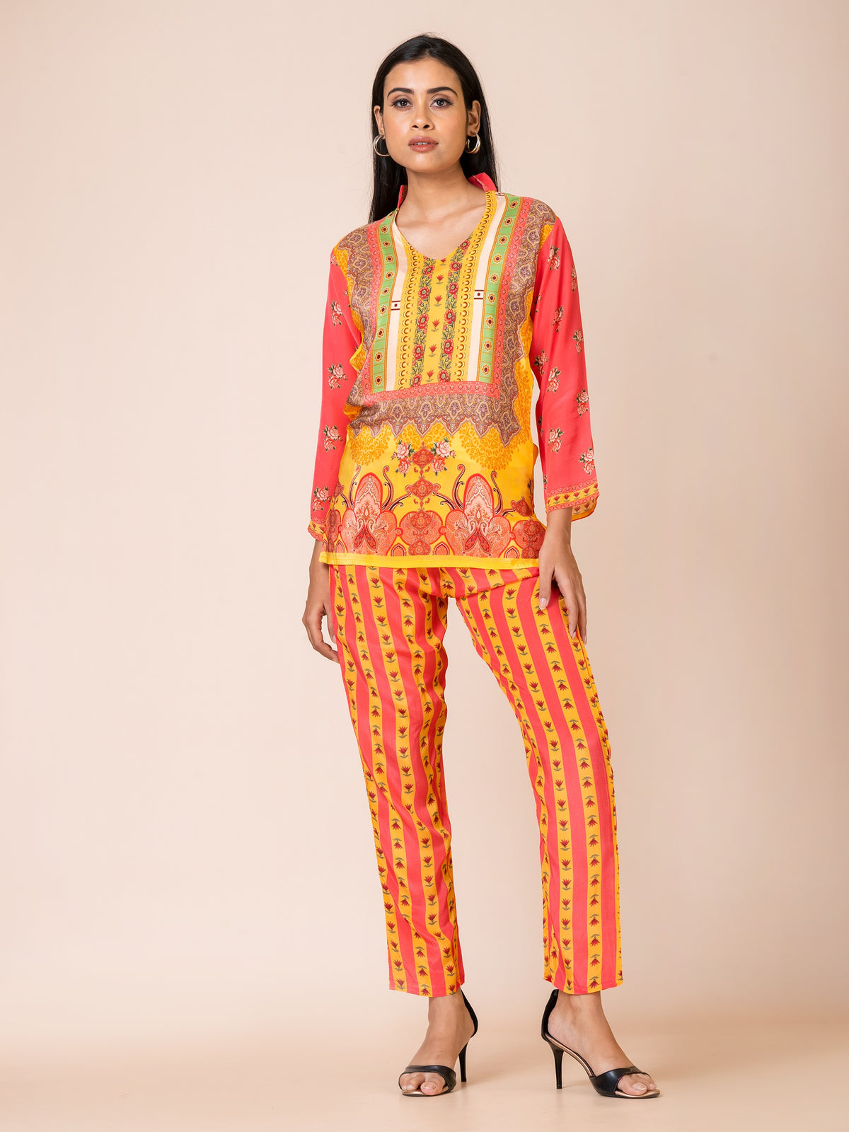 Sarso Vivid Orange Pakistani Printed Natural Crepe Co-ord Set Sarso