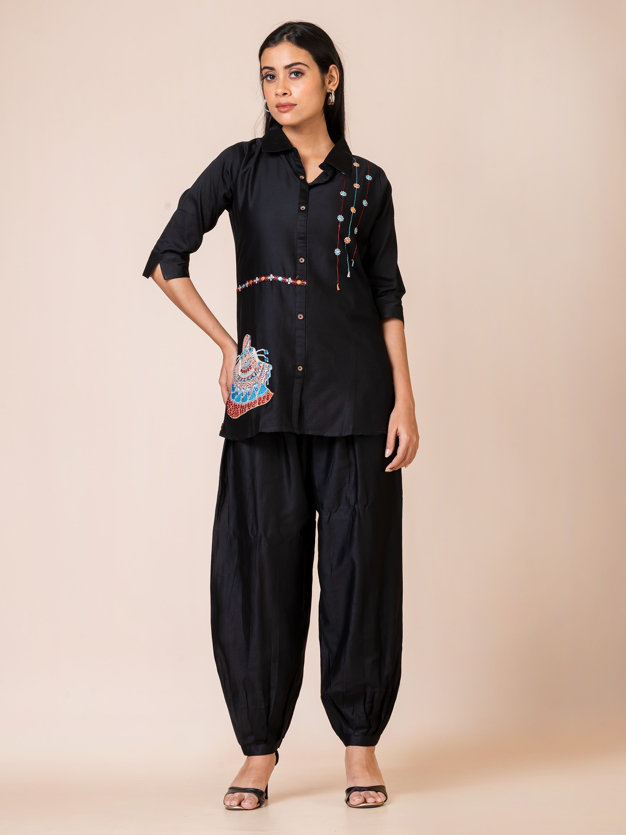 Sarso Chic Black Embroidered Russian Silk Co-ord Set Sarso