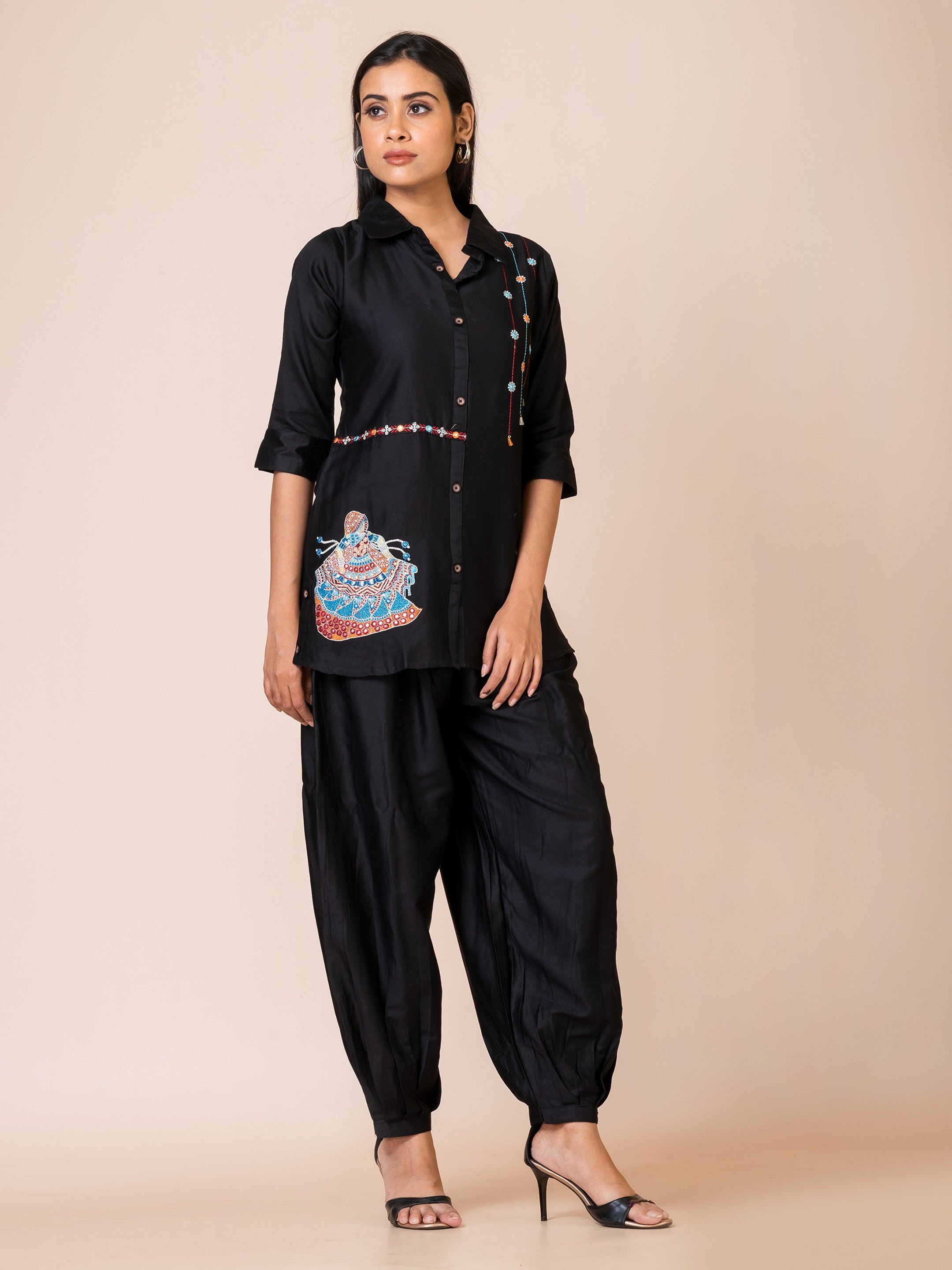 Sarso Chic Black Embroidered Russian Silk Co-ord Set Sarso