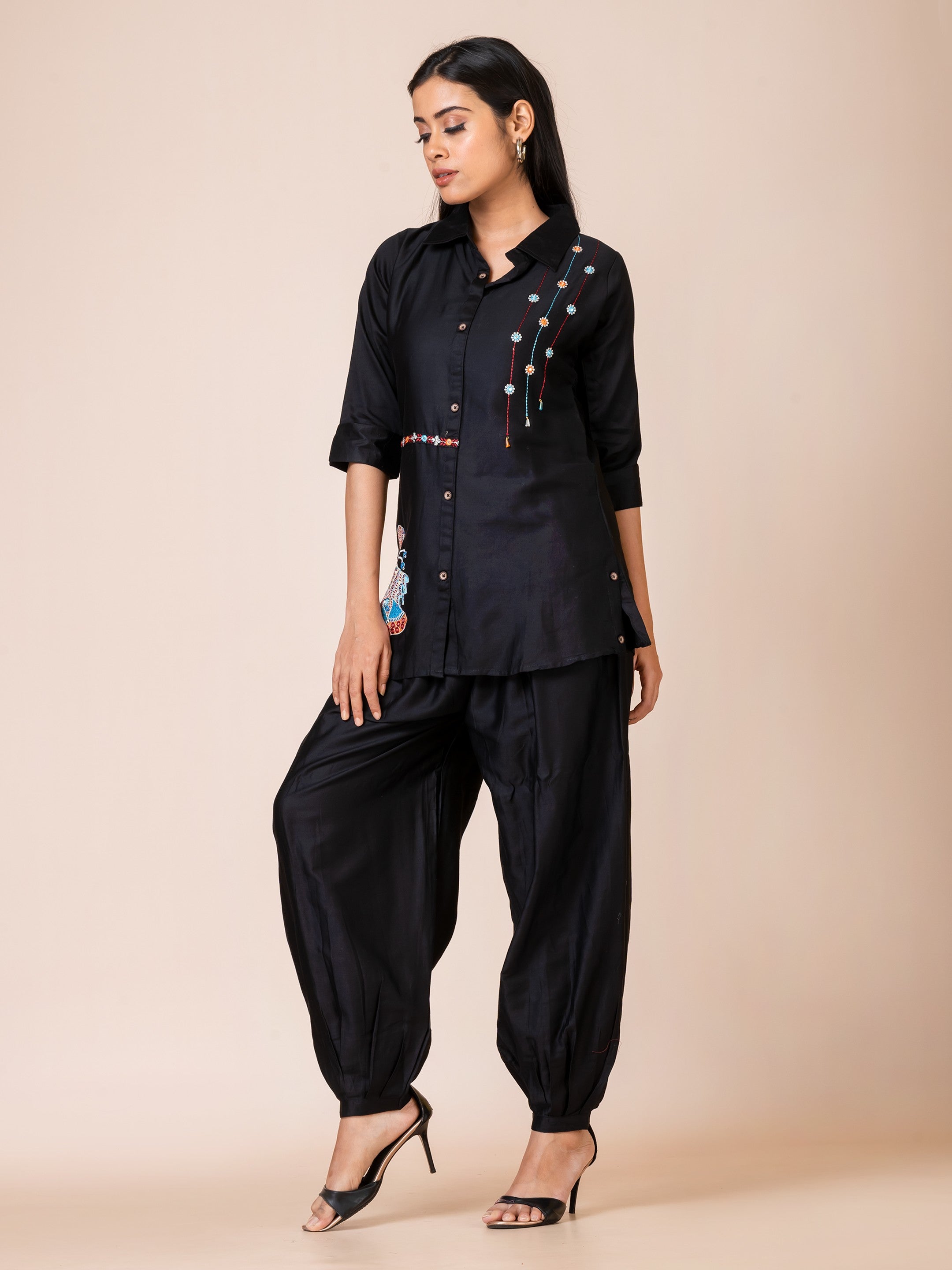 Sarso Chic Black Embroidered Russian Silk Co-ord Set Sarso