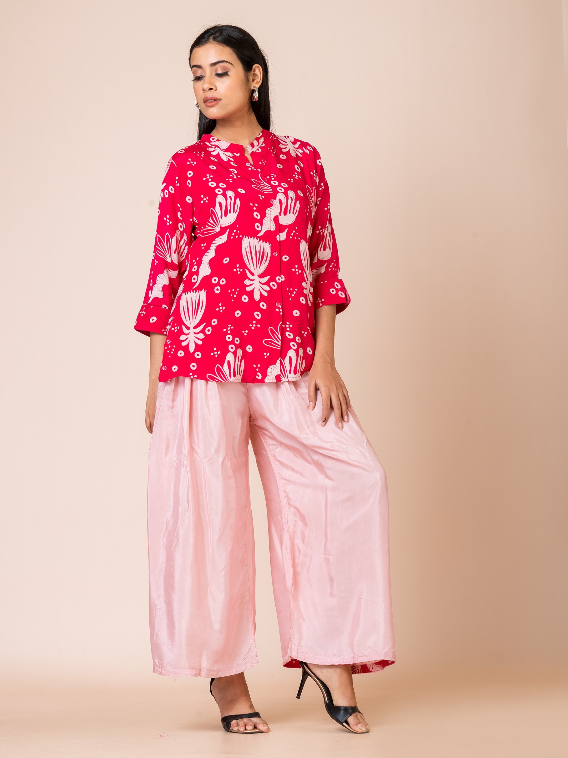 Sarso Fuchsia and Pink Floral Printed Muslin Co-ord Set Sarso