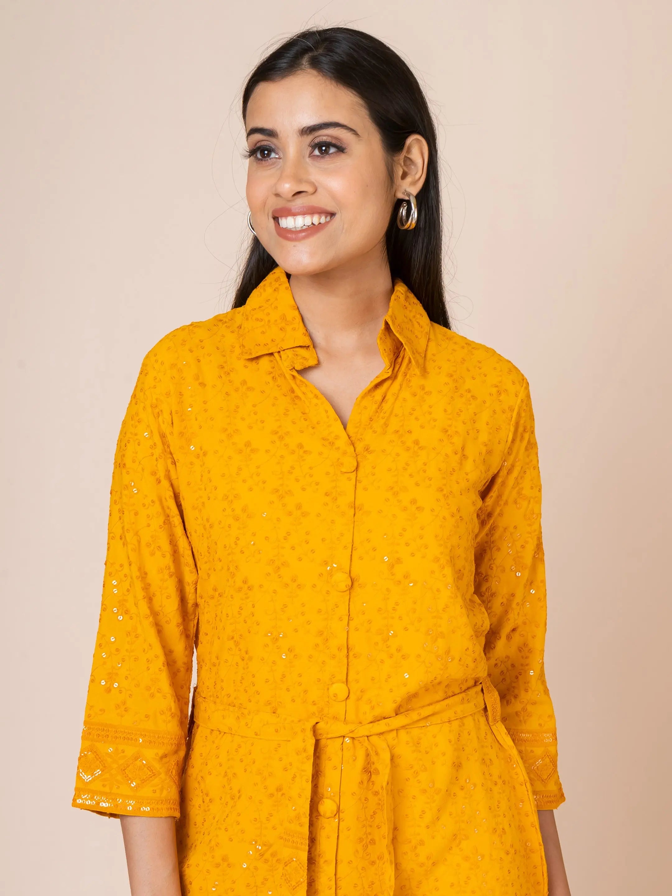 Sarso Vibrant Mustard Yellow Lucknowi Georgette Co-ord Set Sarso