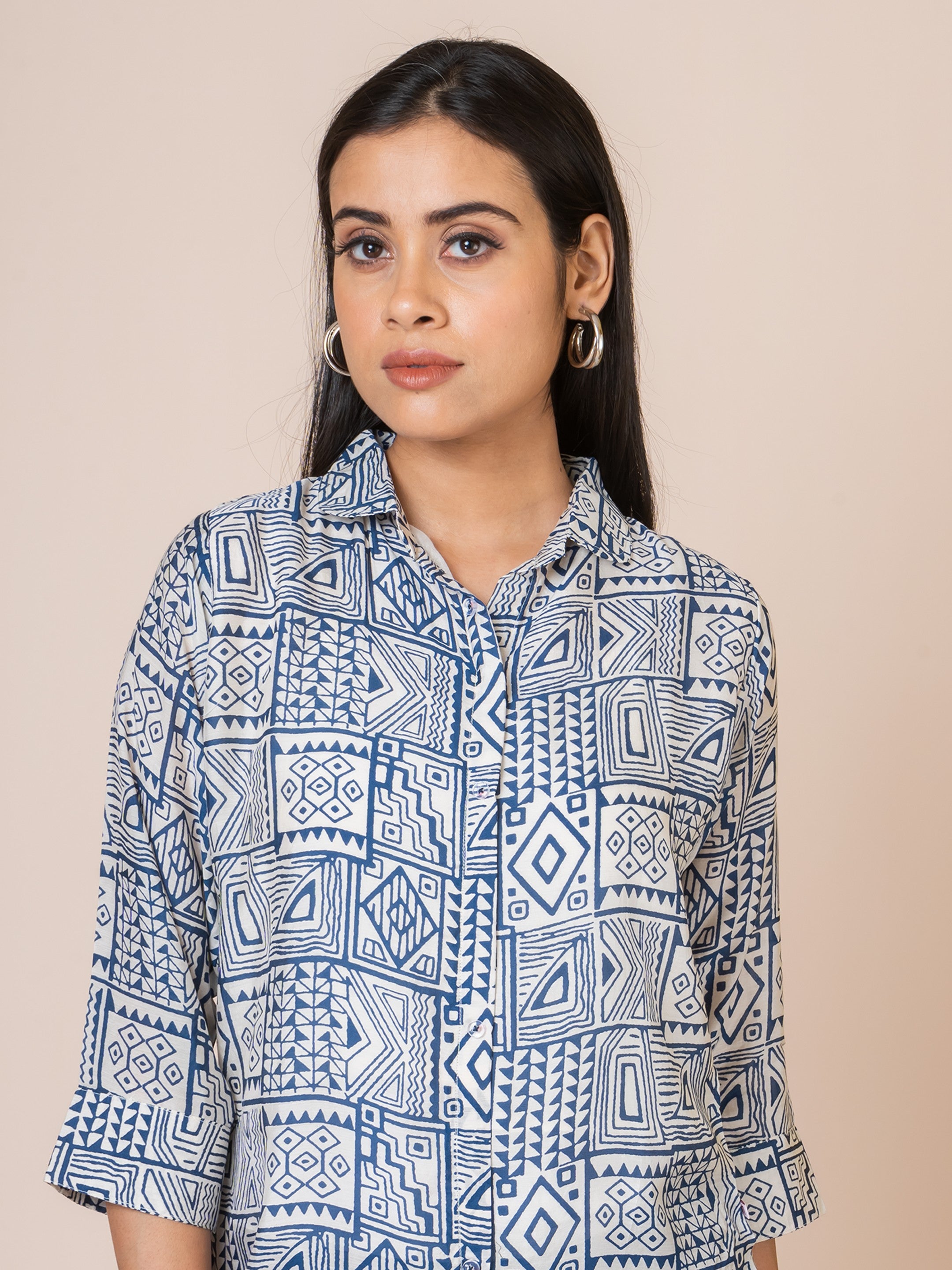 Sarso Geometric Navy and White Printed Muslin Co-ord Set Sarso