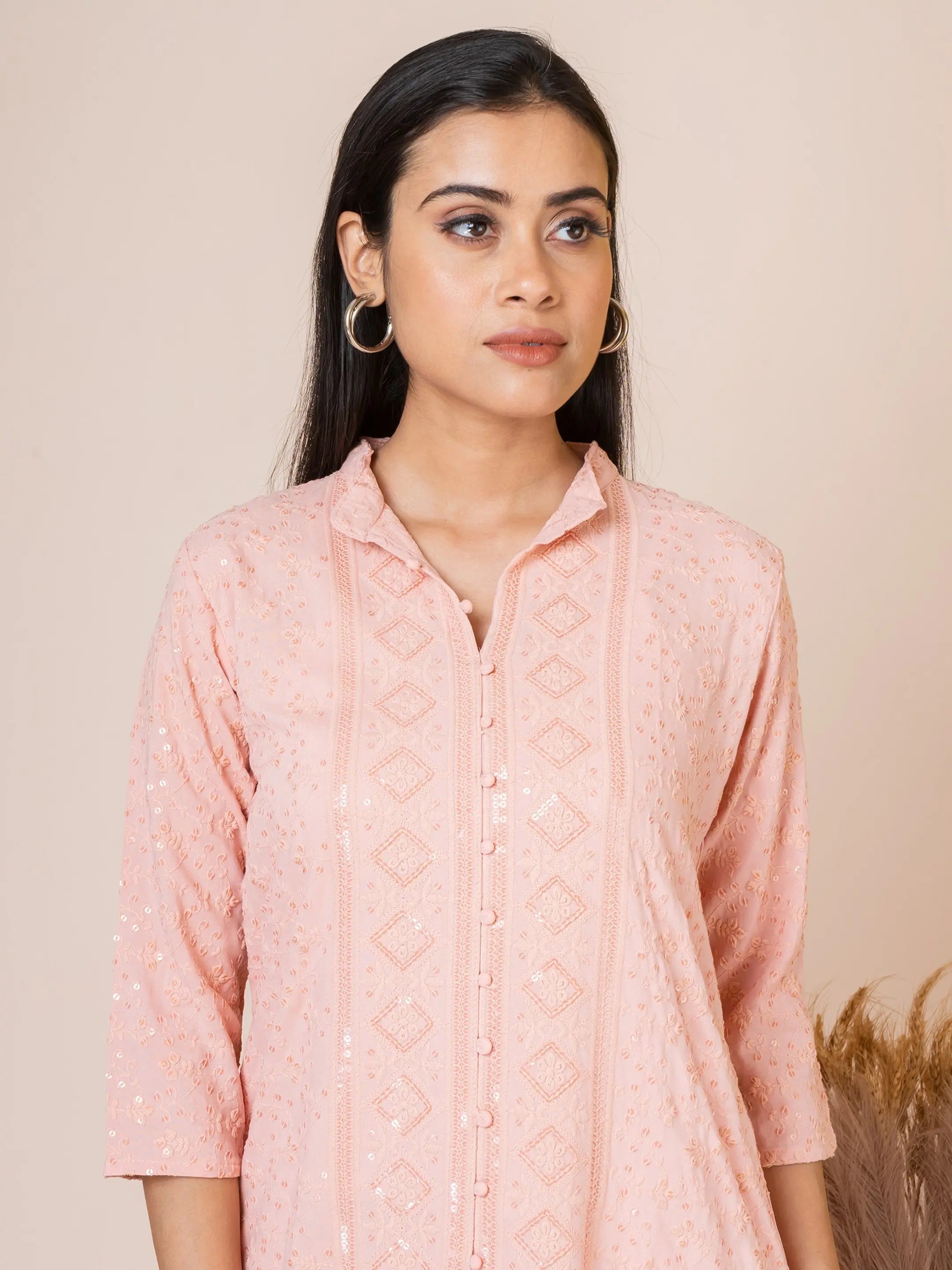 Sarso Peach Lucknowi Georgette Kurti Sarso