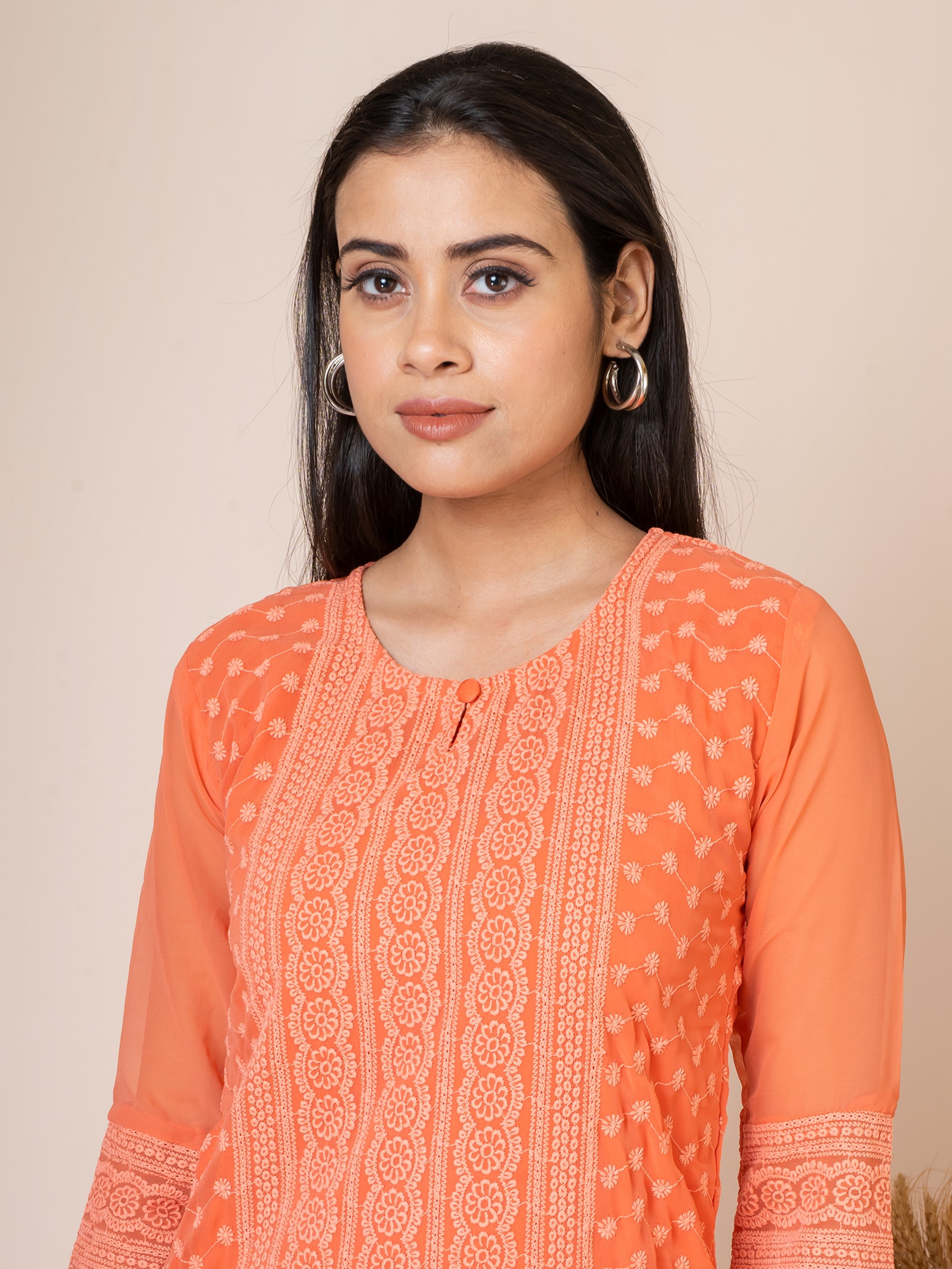 Sarso Saffron Orange Lucknowi Embroidered Straight Kurti Sarso