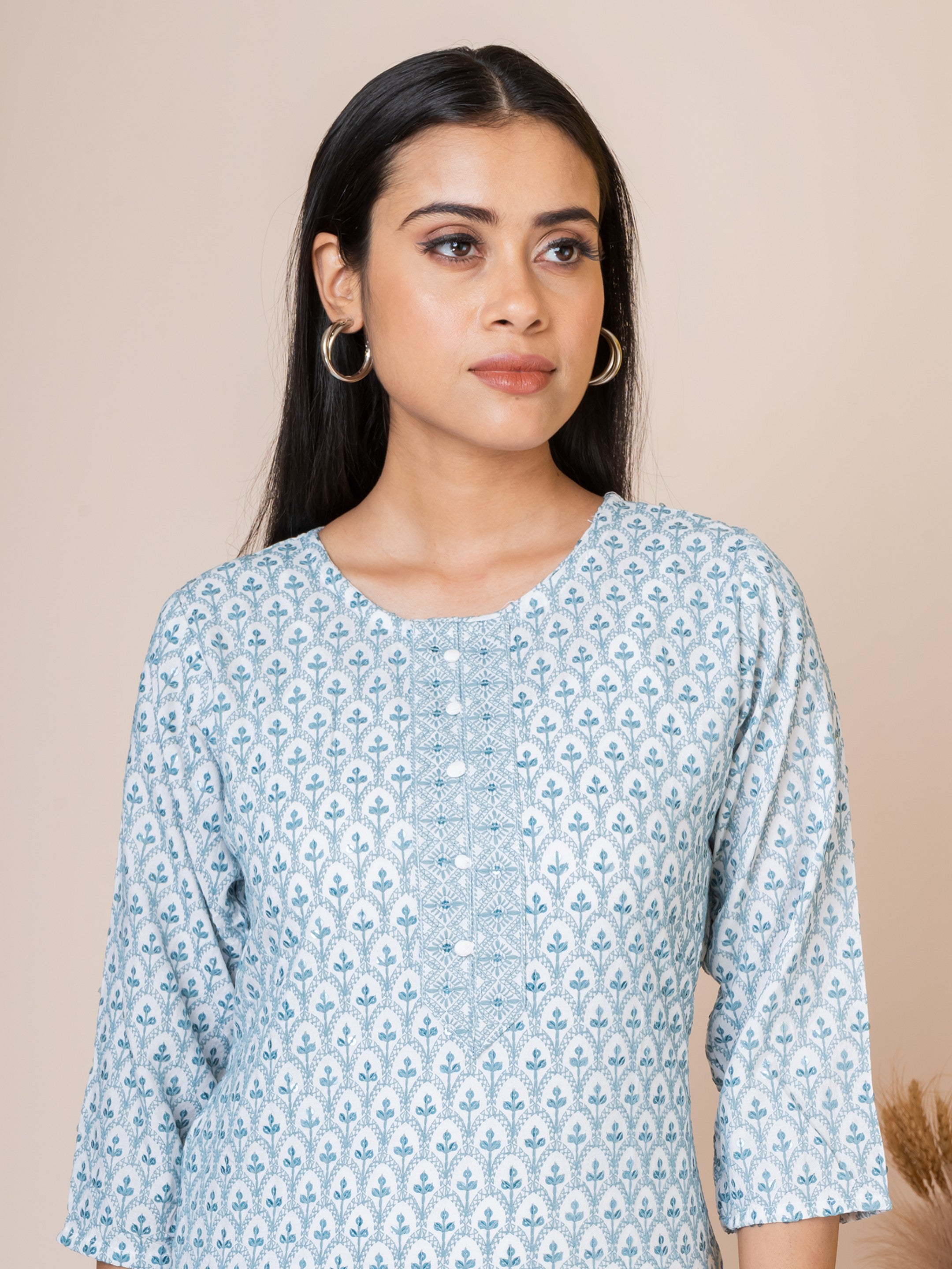 Sarso Serene Blue Thread Work Embroidered Straight Kurti Sarso
