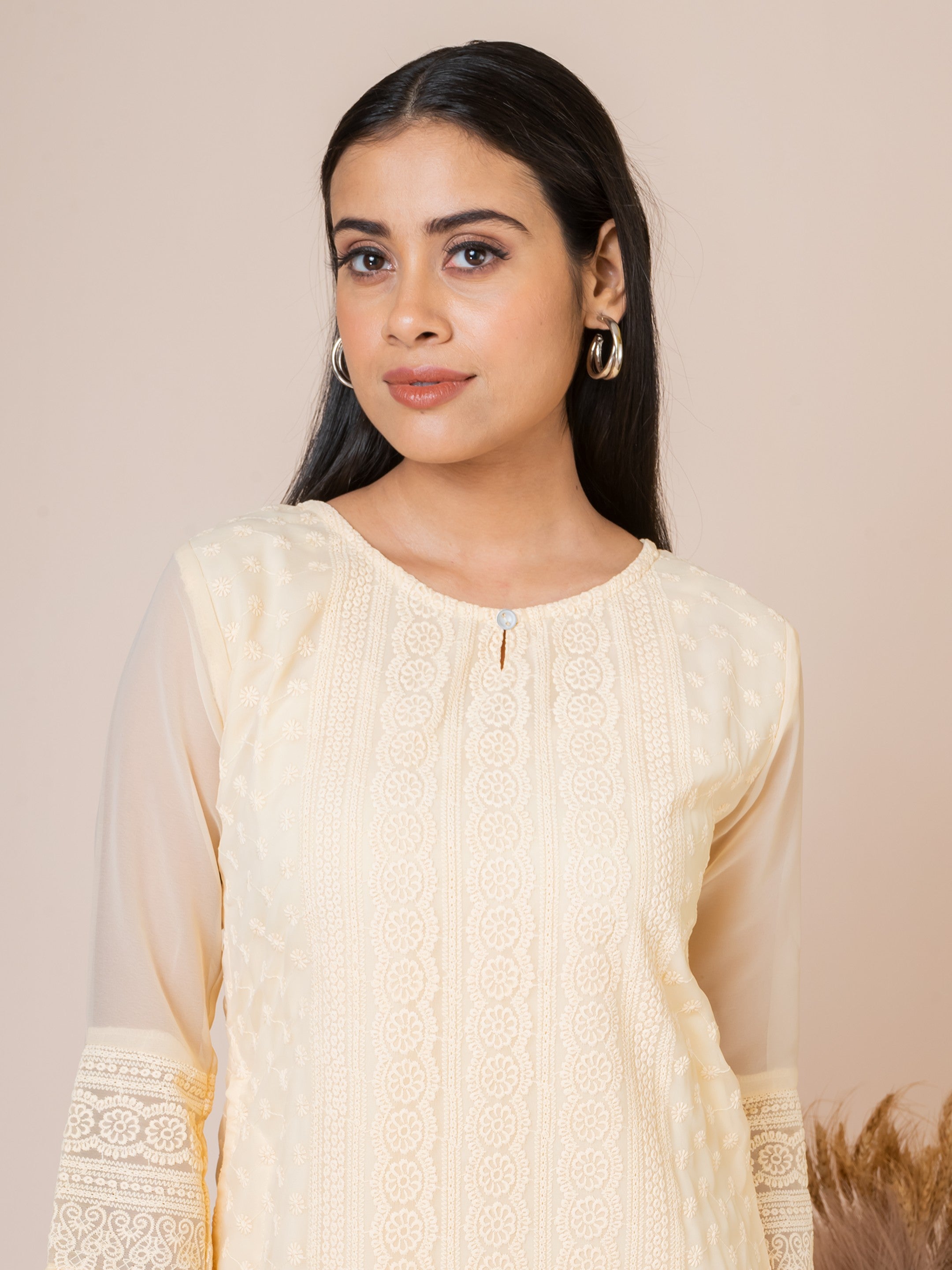 Sarso Subtle Cream Lucknowi Embroidered Straight Kurti Sarso