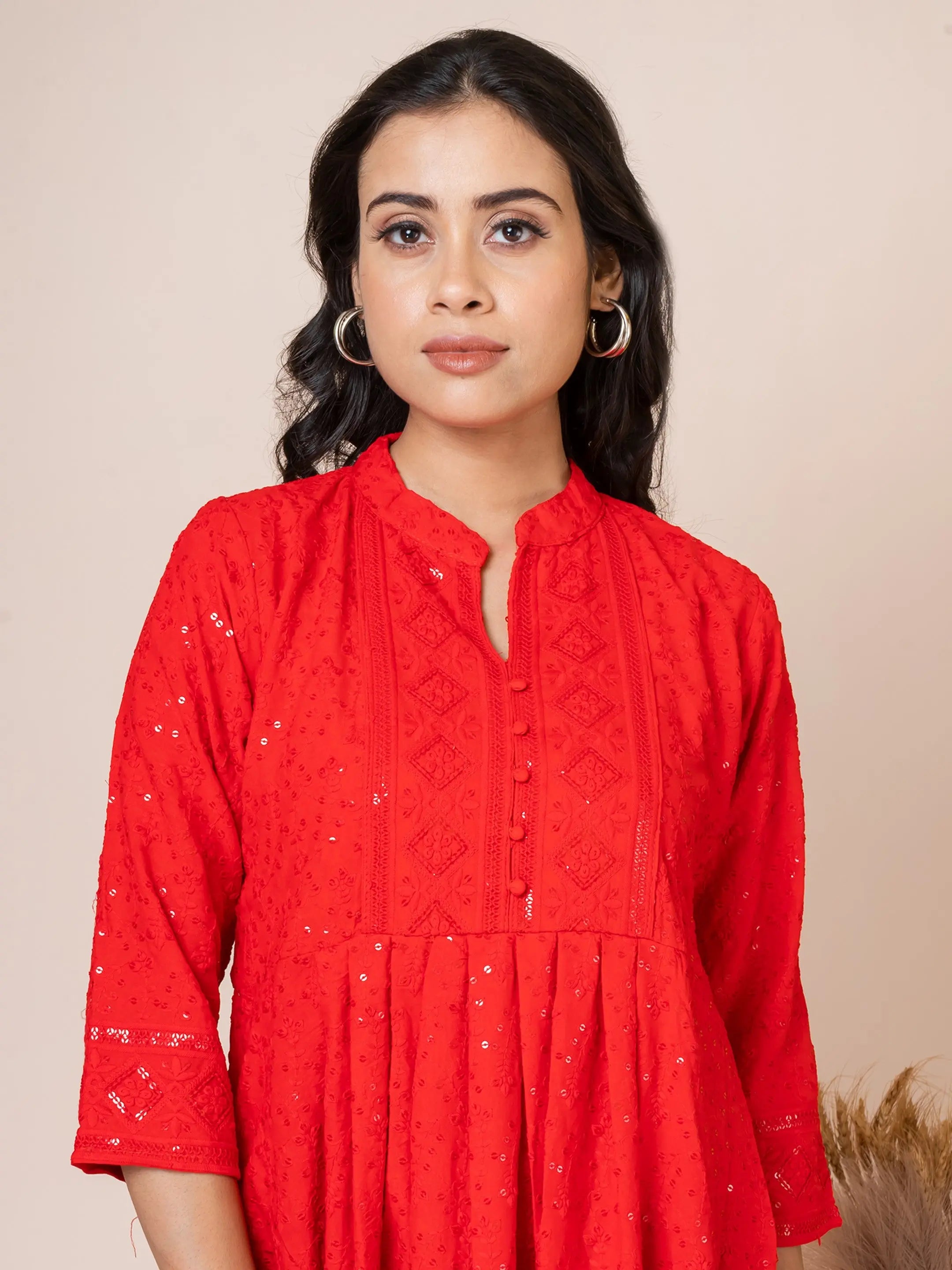 Sarso Radiant Red Lucknowi Embroidered Flared Anarkali Kurti Sarso