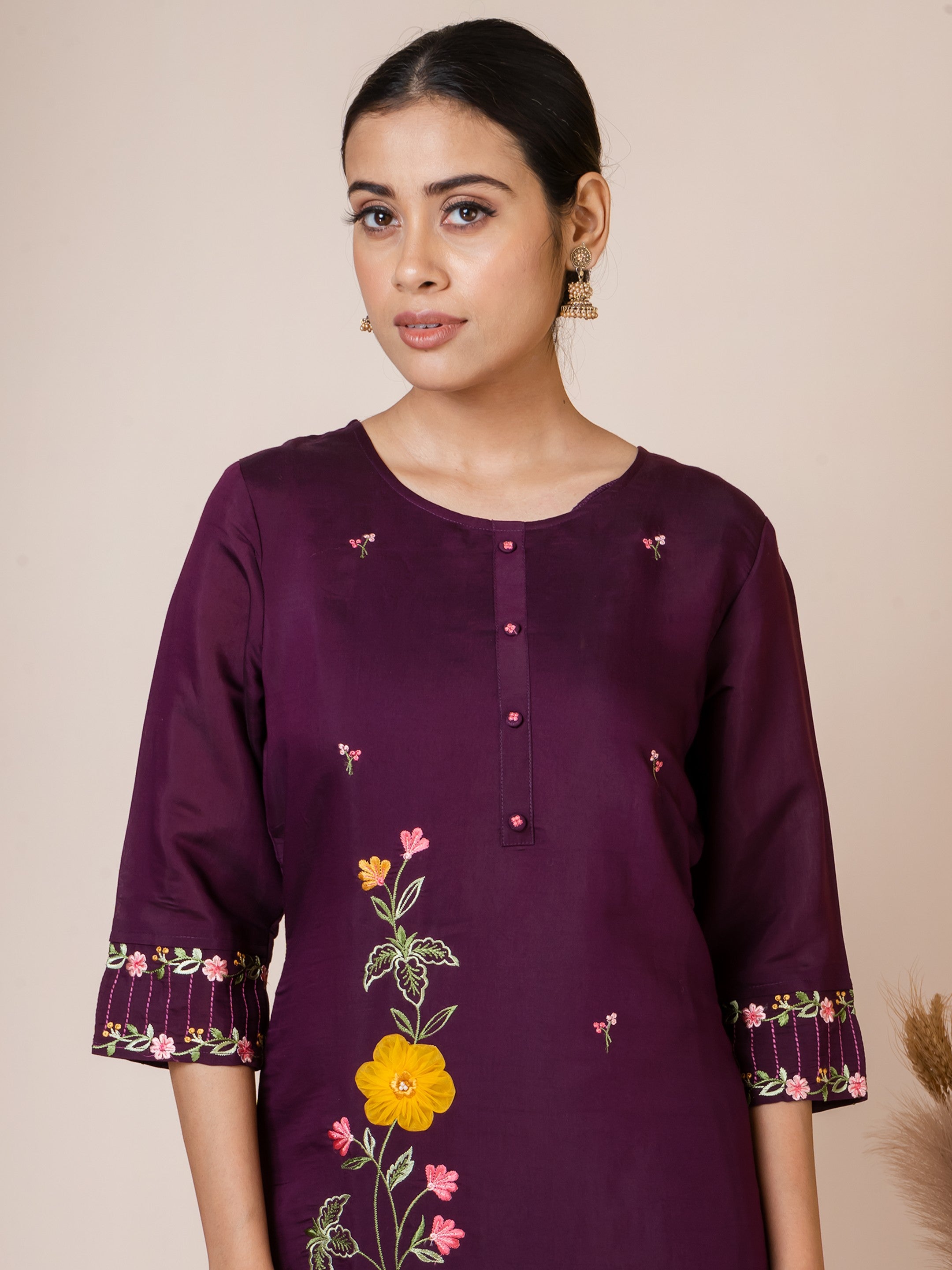 Sarso Elegant Plum Embroidered Dola Silk Kurta Set with Organza Dupatta Sarso