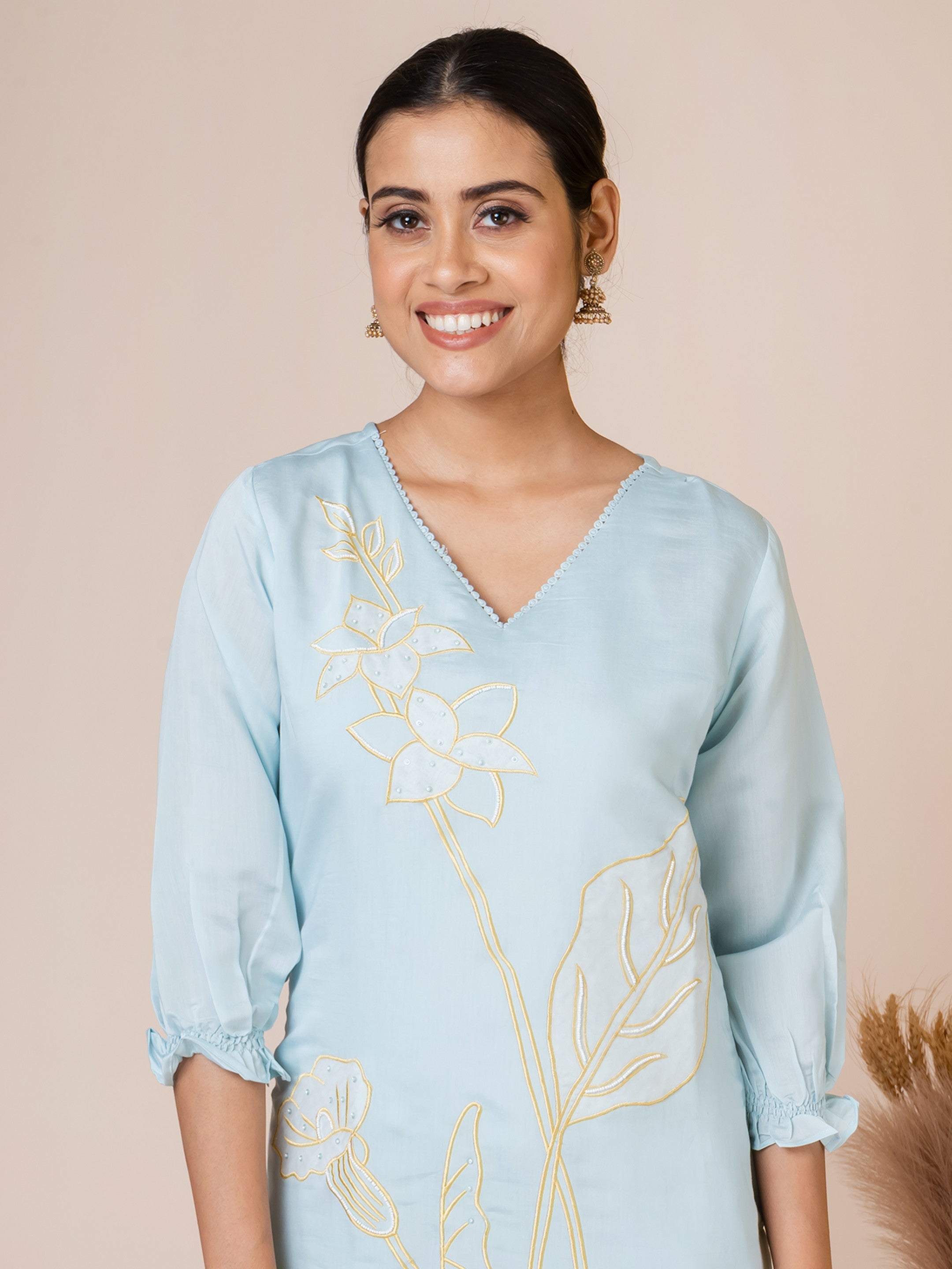 Sarso Serene Blue Embroidered Dola Silk Kurta Set with Organza Dupatta Sarso