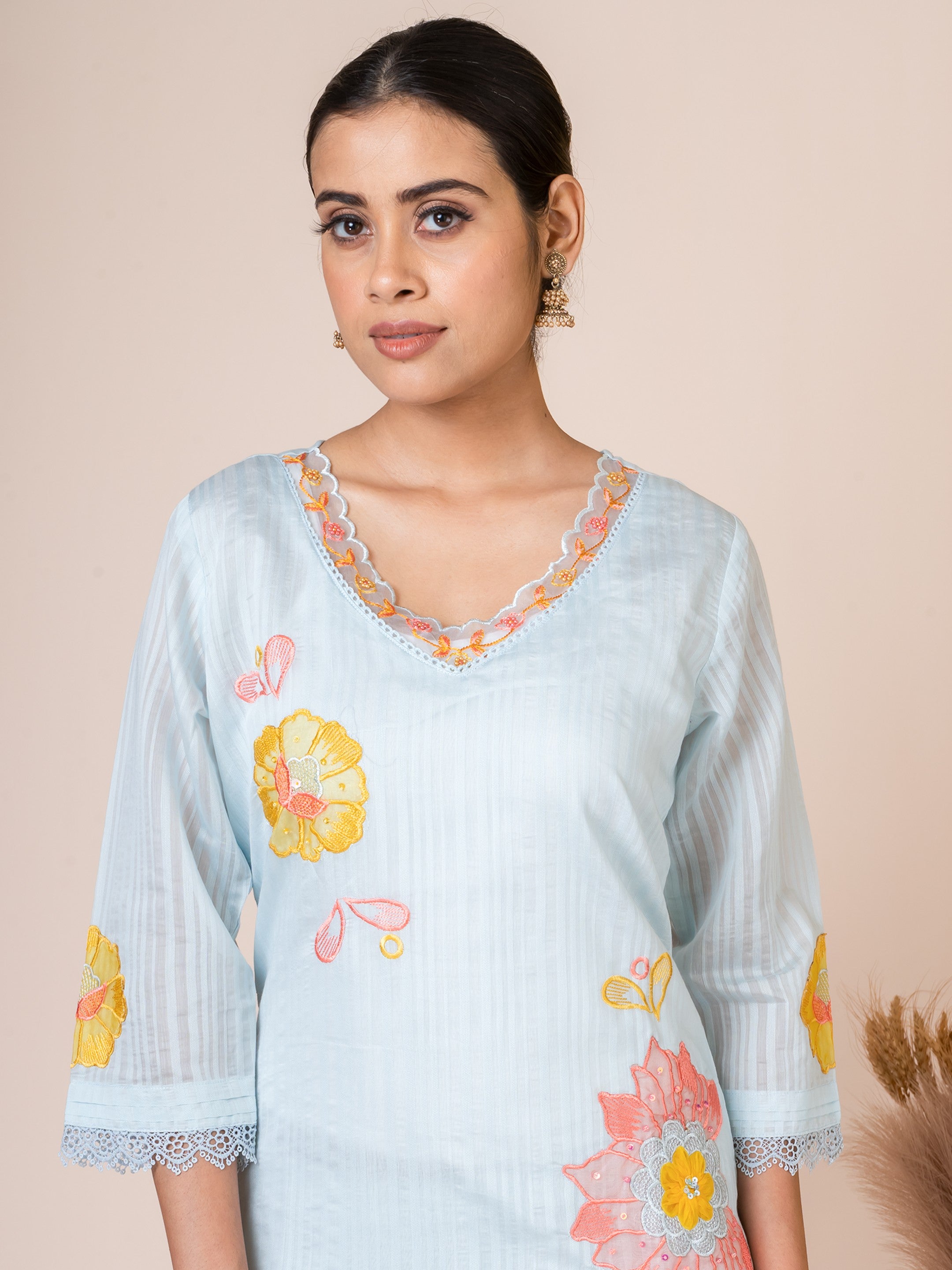 Sarso Light Blue Floral Appliqué Dola Silk Kurta Set with Organza Dupatta Sarso